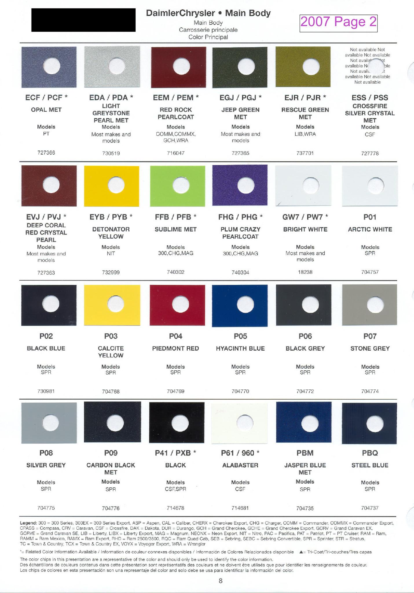 Chrysler Paint (Color) Code Chart For Exterior Vehicles