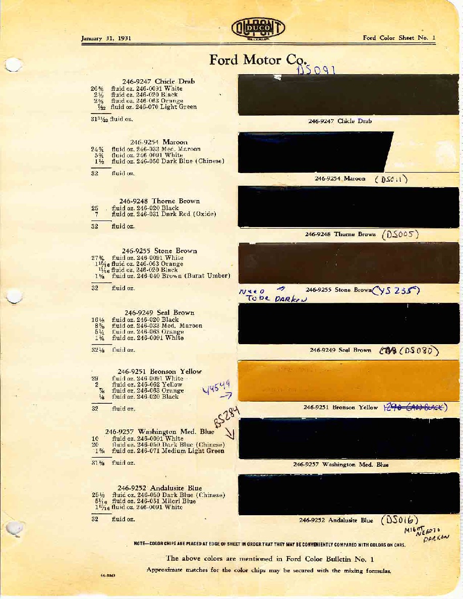 Ford Motor Vehicle Color Code Chart/Page Paint