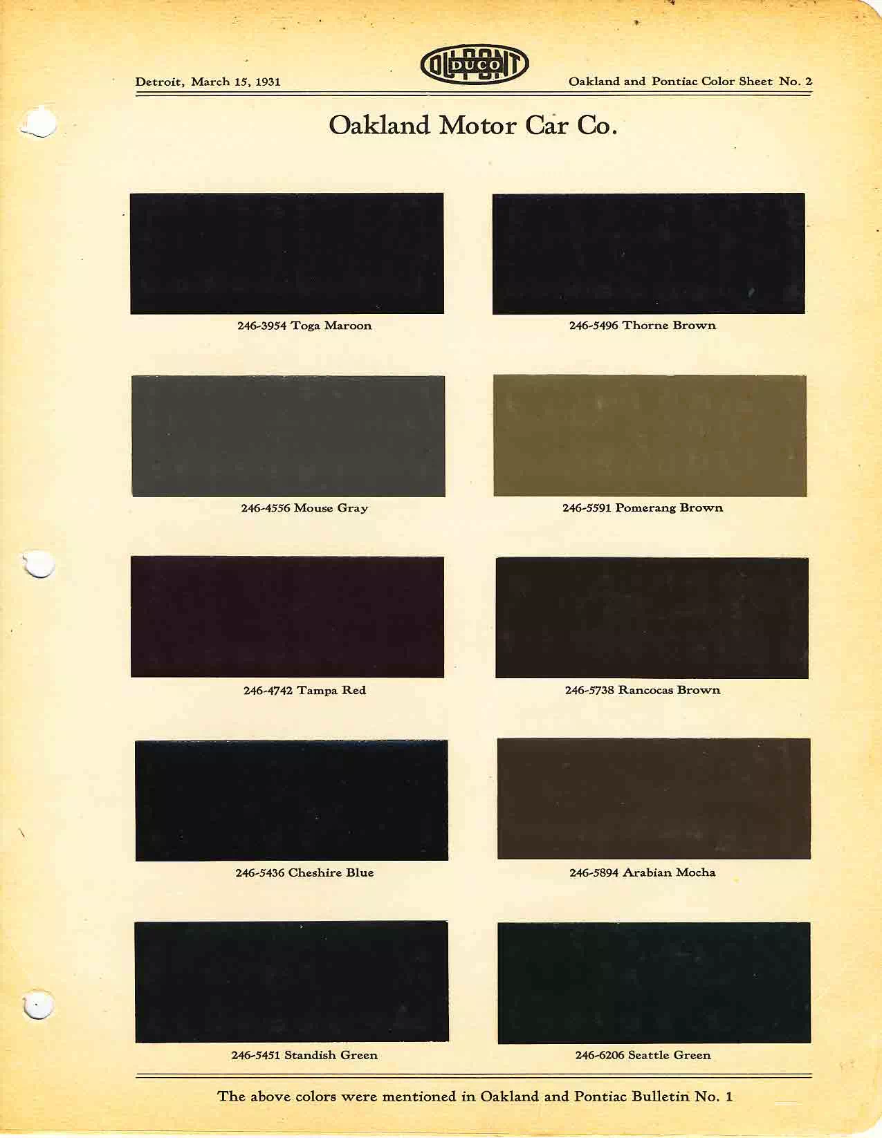 Chart that shows the Colors used on Pontiac Vehicles and the Code to look them up.