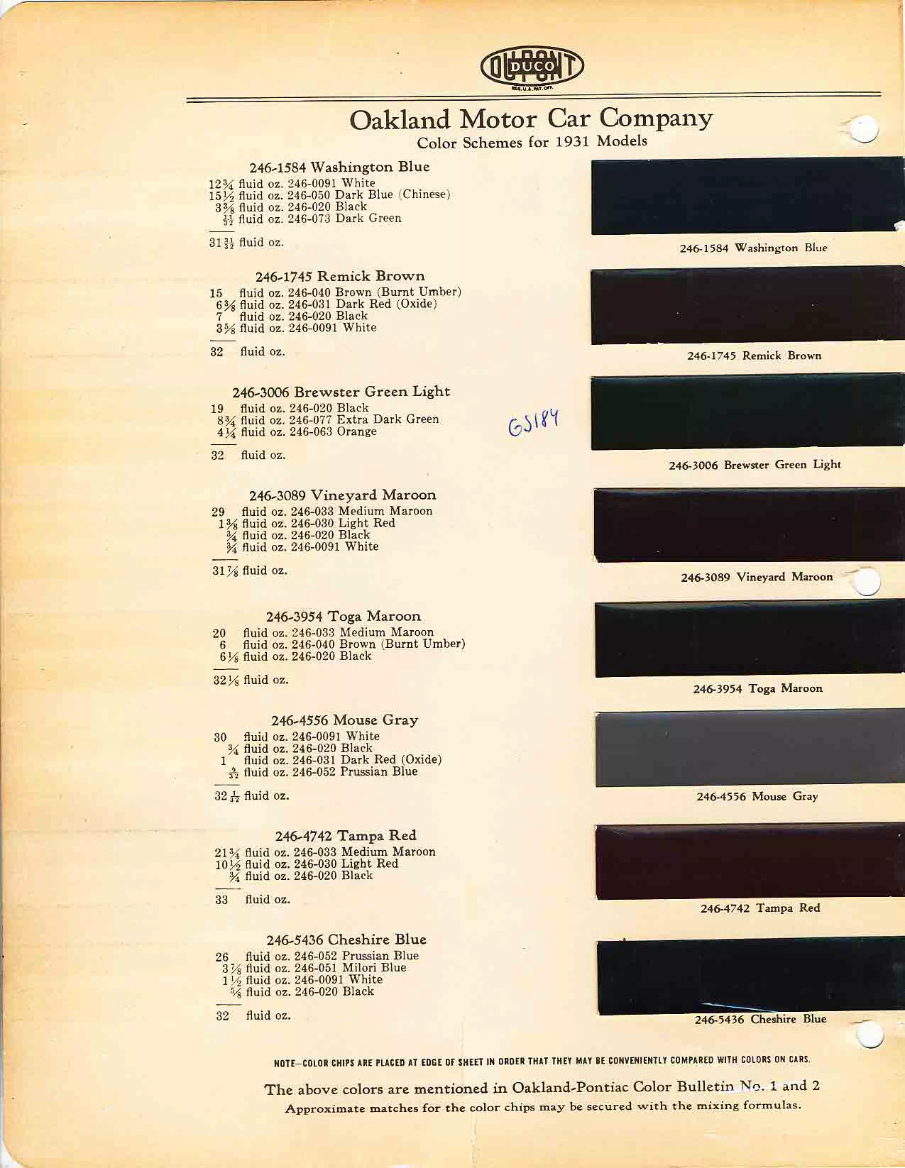 Chart that shows the Colors used on Pontiac Vehicles and the Code to look them up.