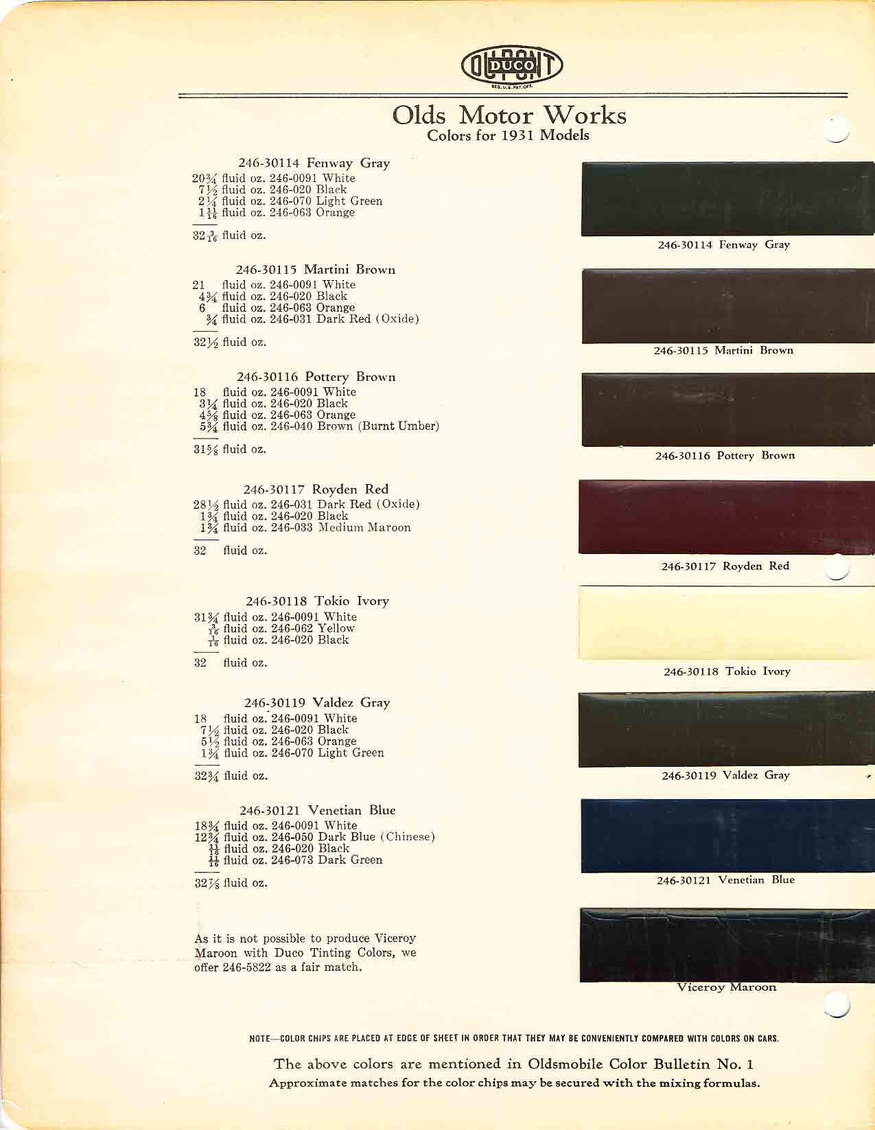 Oldsmobile Paint & Color Code Chart