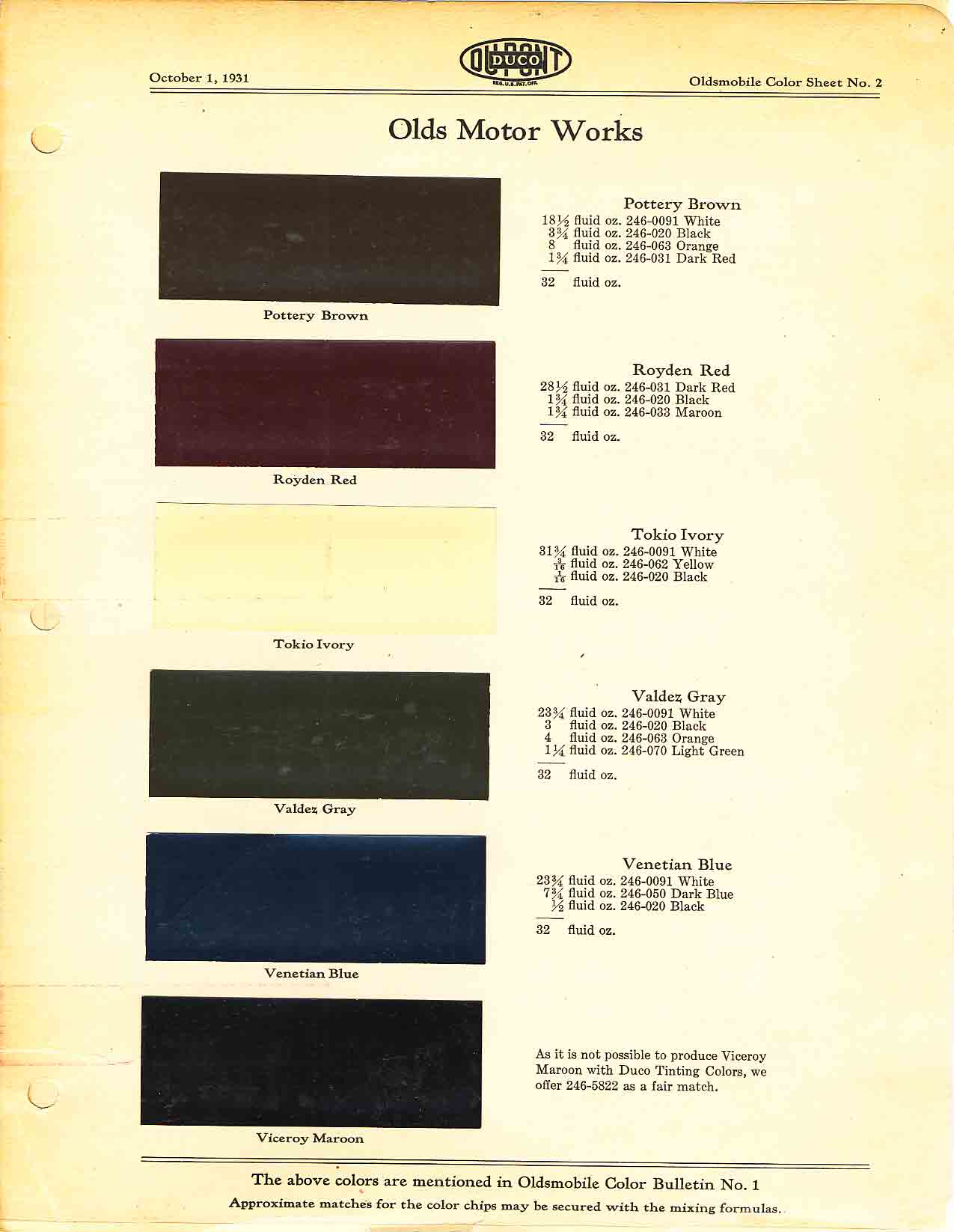 Oldsmobile Paint & Color Code Chart