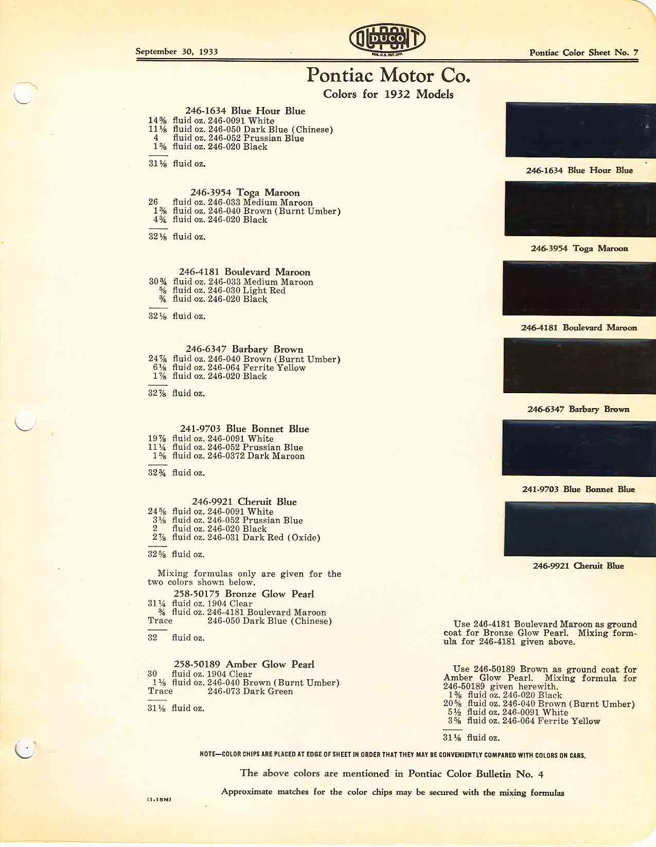 Chart that shows the Colors used on Pontiac Vehicles and the Code to look them up.