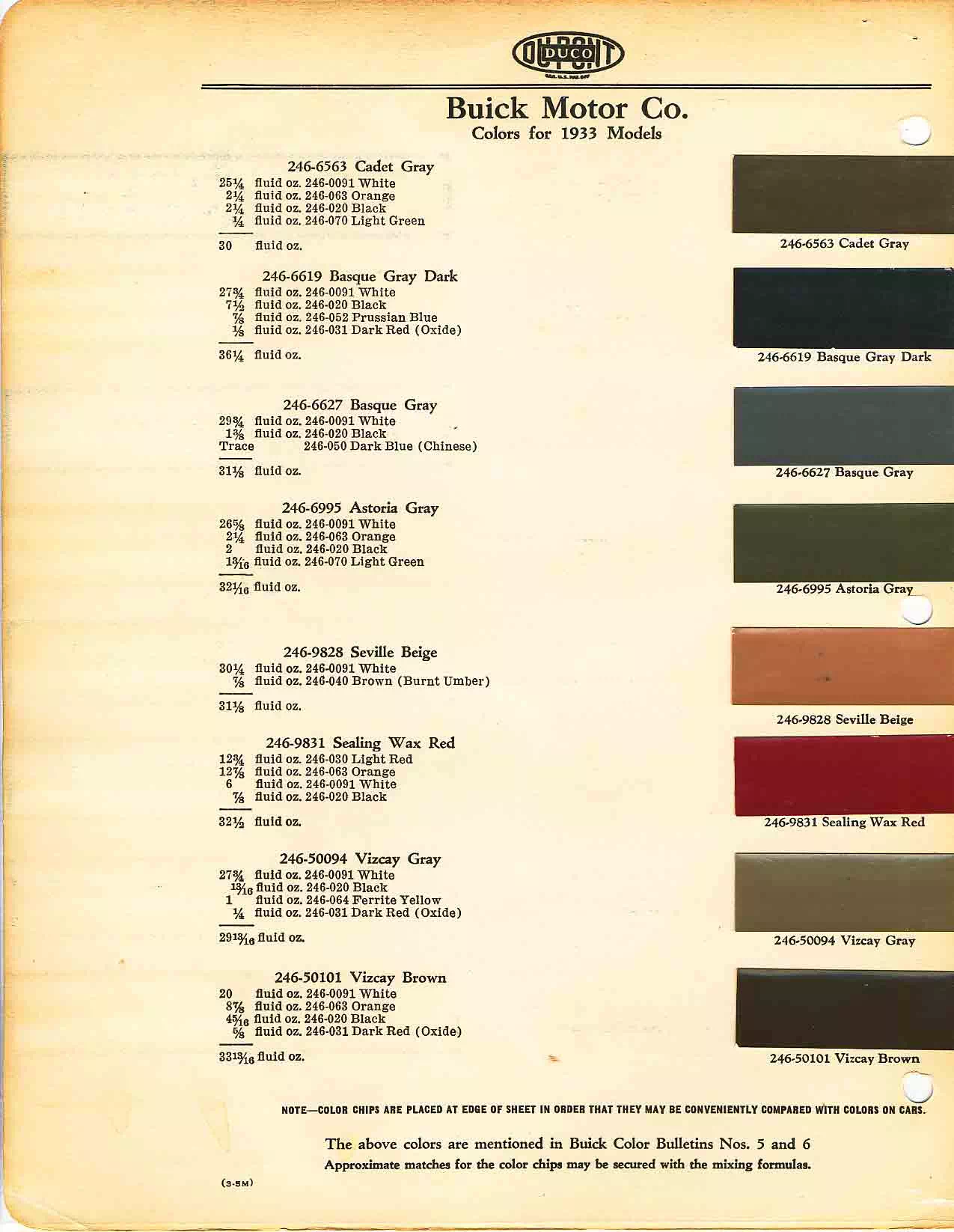 Color chart for 1933 motor vehicles exterior paint code.  Examples of Colors and ordering codes.