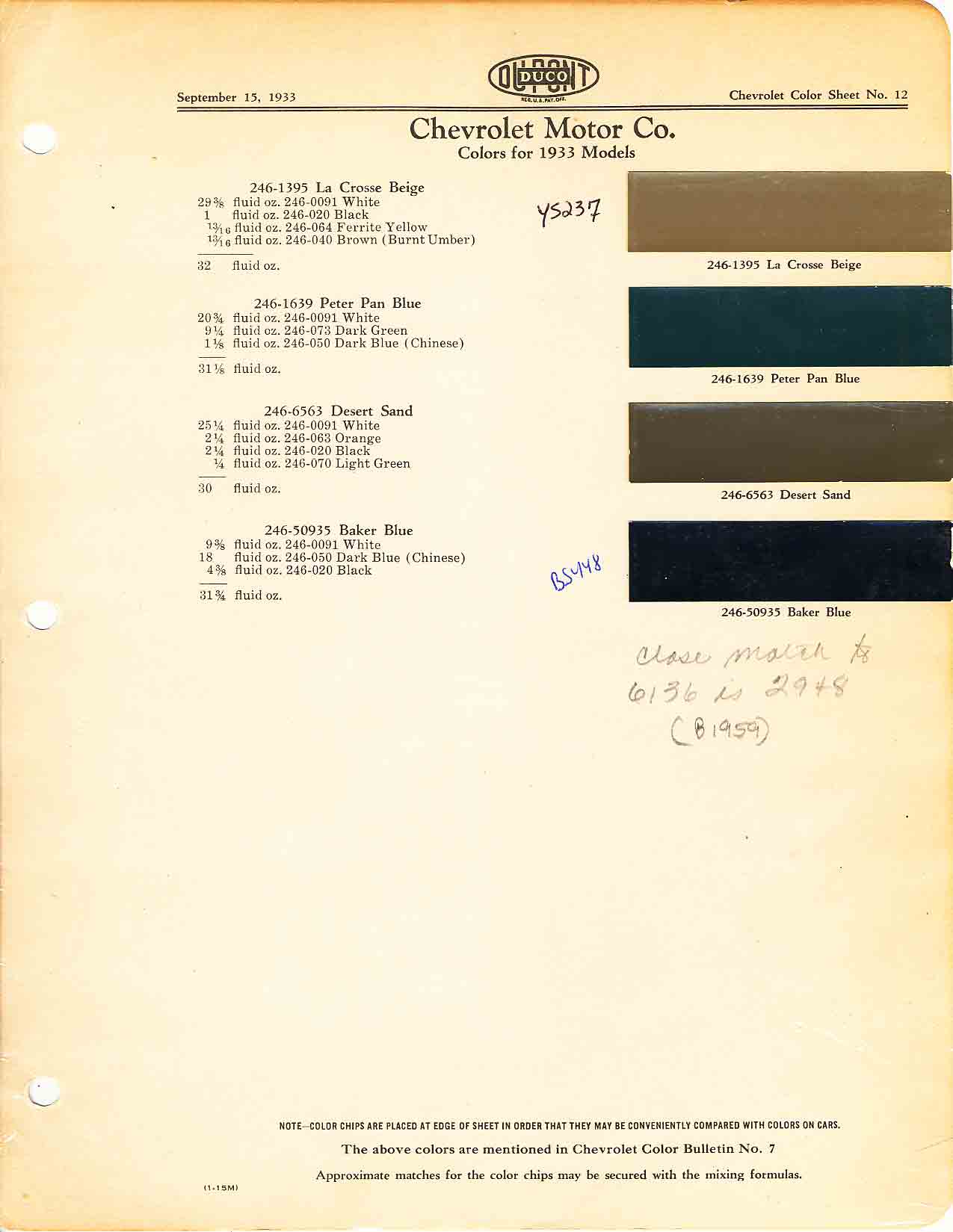 Color chart for 1933 motor vehicles exterior paint code.  Examples of Colors and ordering codes.