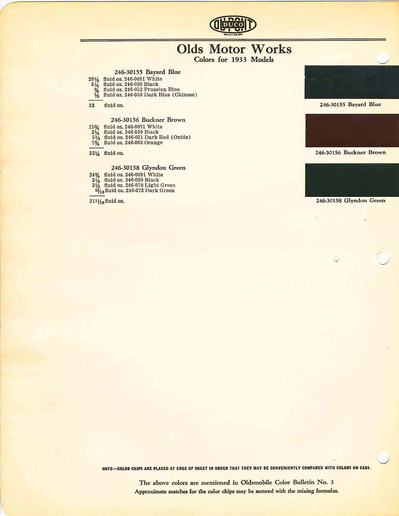 Color chart for 1933 motor vehicles exterior paint code.  Examples of Colors and ordering codes.