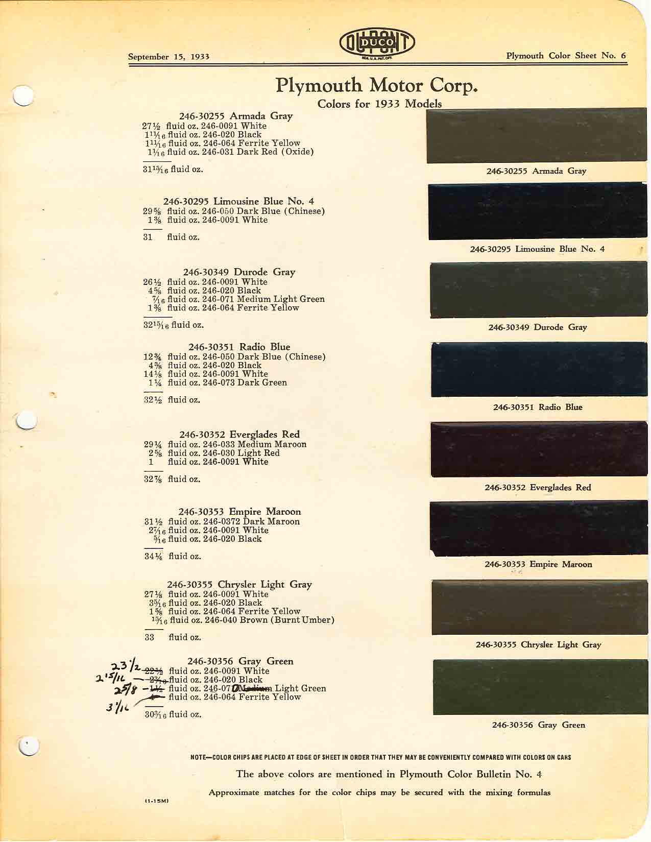 Color chart for 1933 motor vehicles exterior paint code.  Examples of Colors and ordering codes.