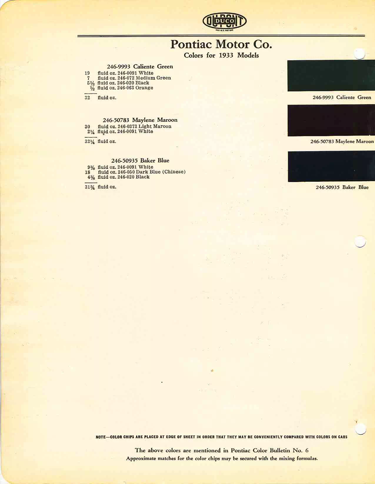 Chart that shows the Colors used on Pontiac Vehicles and the Code to look them up.