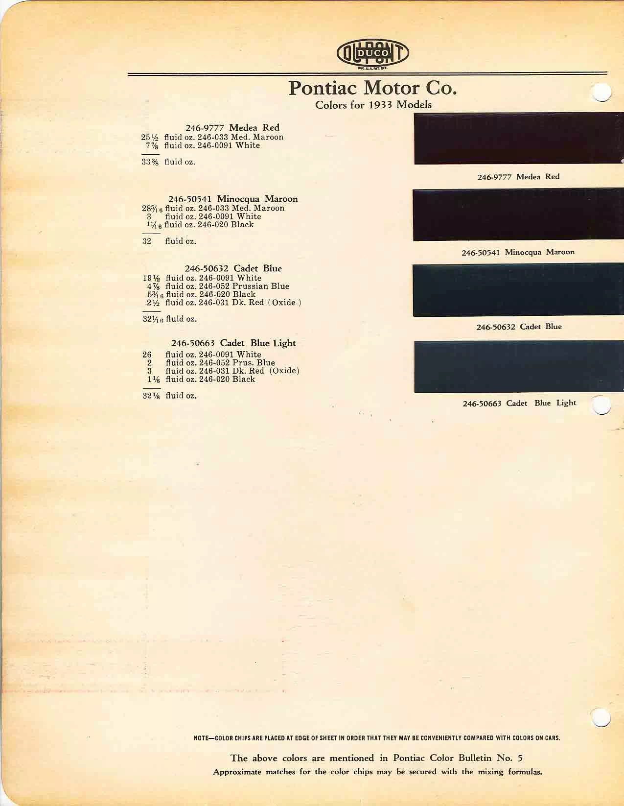 Chart that shows the Colors used on Pontiac Vehicles and the Code to look them up.