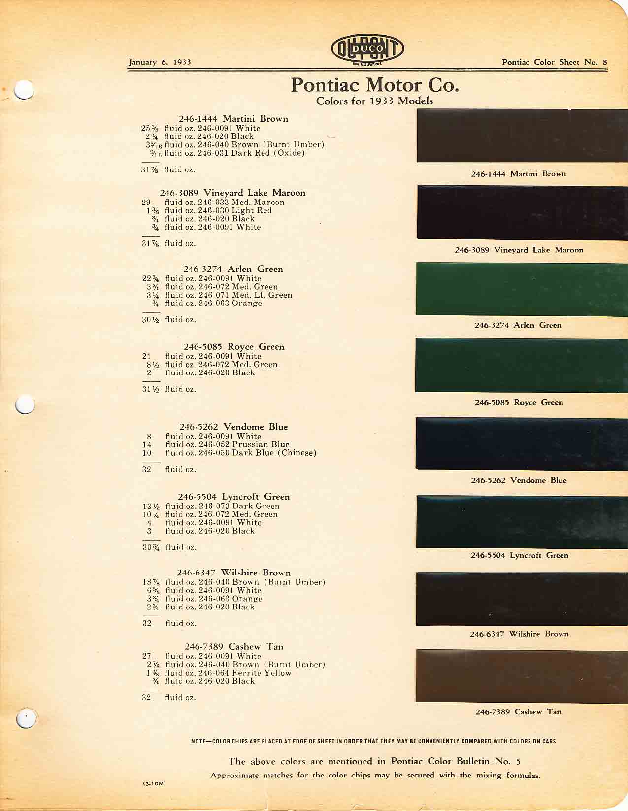 Color chart for 1933 motor vehicles exterior paint code.  Examples of Colors and ordering codes.