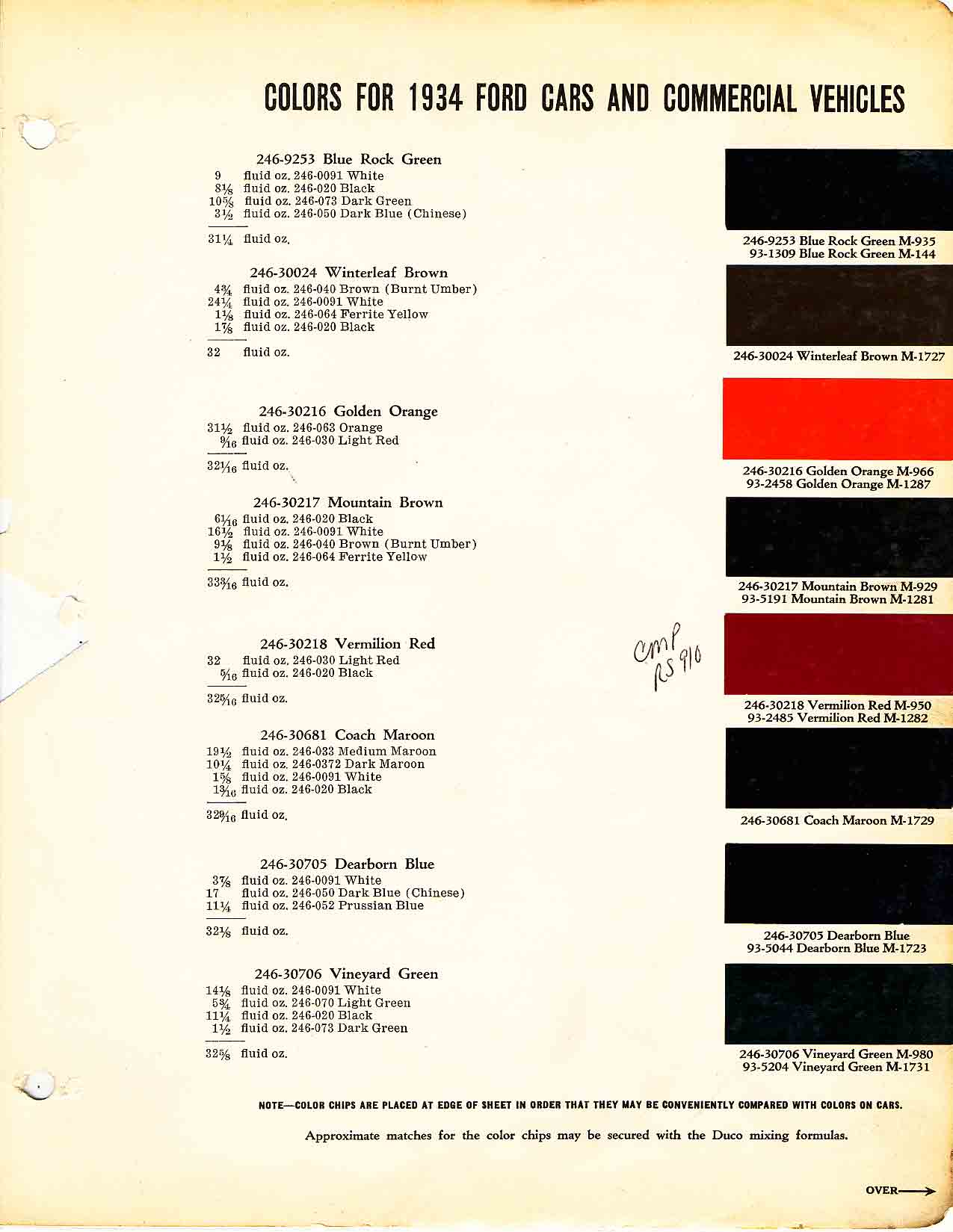 Ford Motor Vehicle Color Code Chart/Page Paint