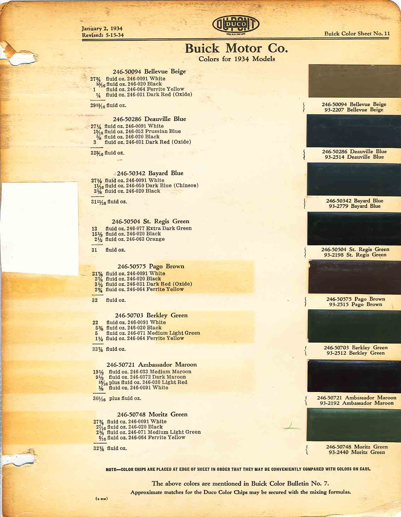 Colors used on Buick Vehicles in 1934