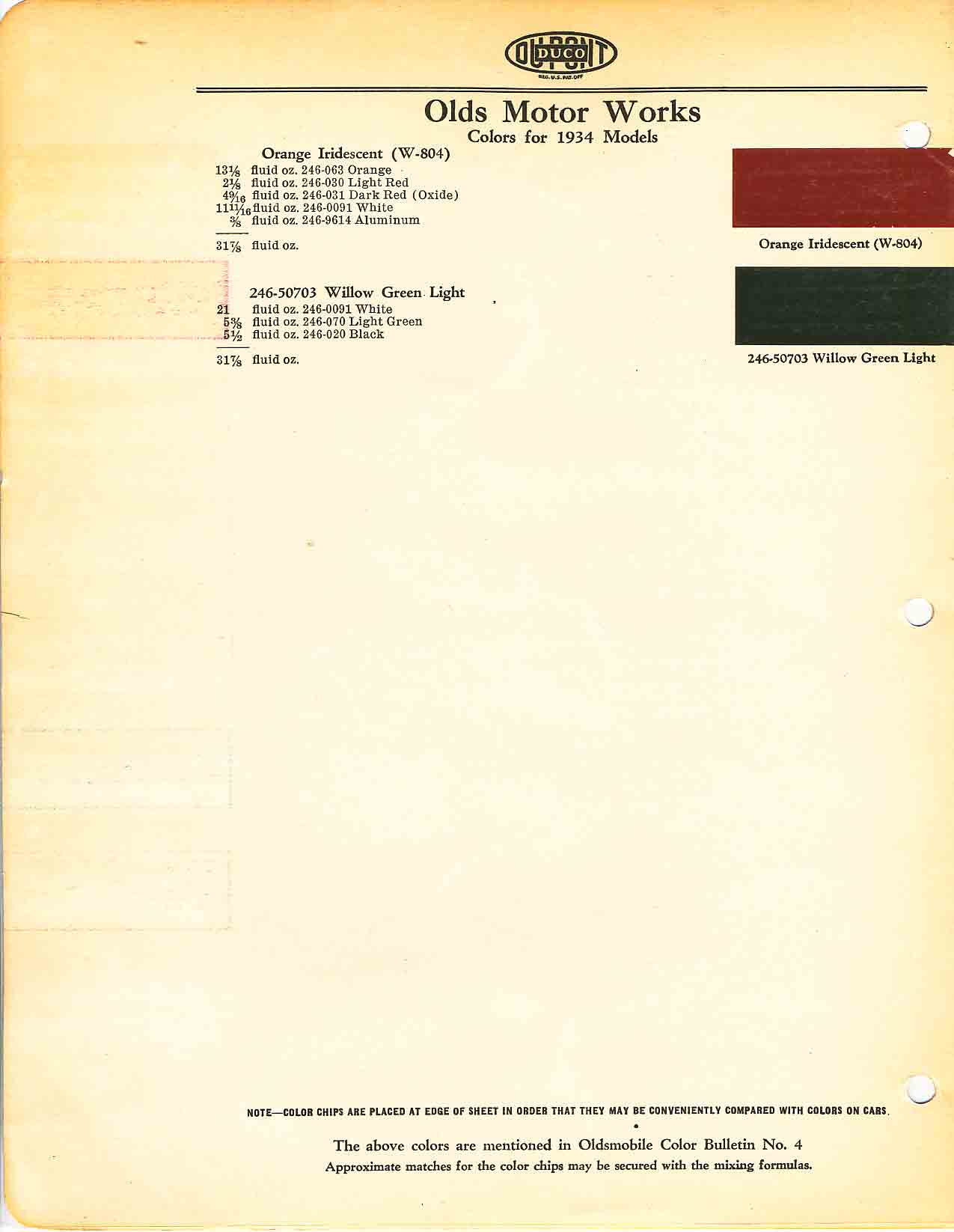 Oldsmobile Paint & Color Code Chart