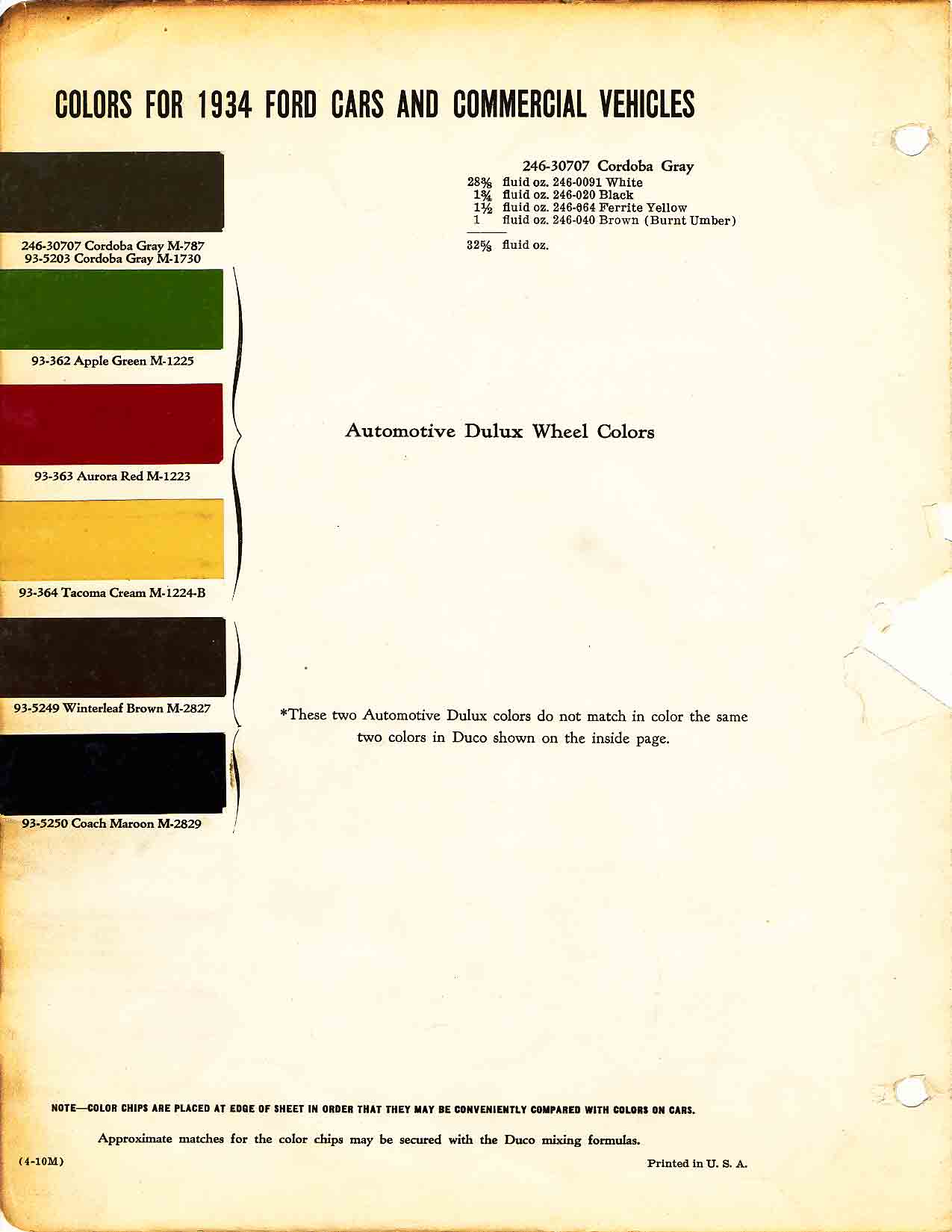 Ford Motor Vehicle Color Code Chart/Page Paint