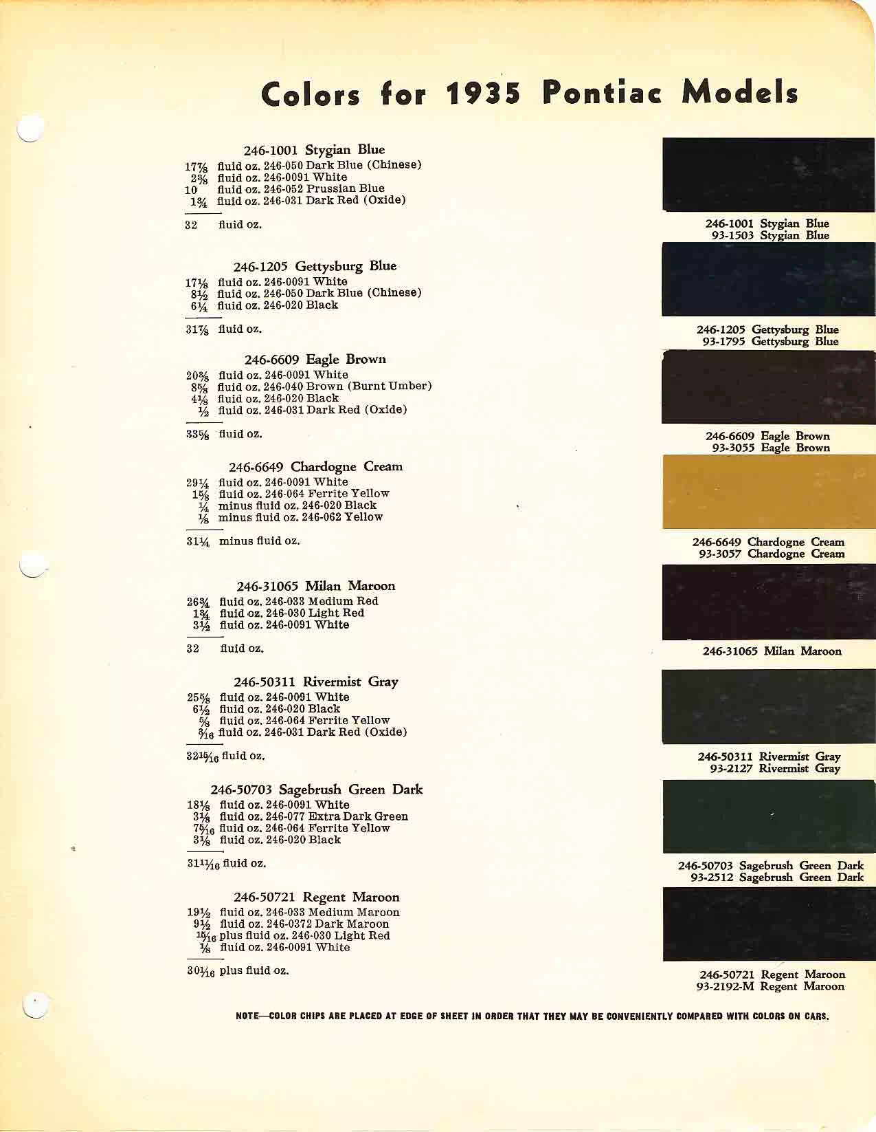 Chart that shows the Colors used on Pontiac Vehicles and the Code to look them up.