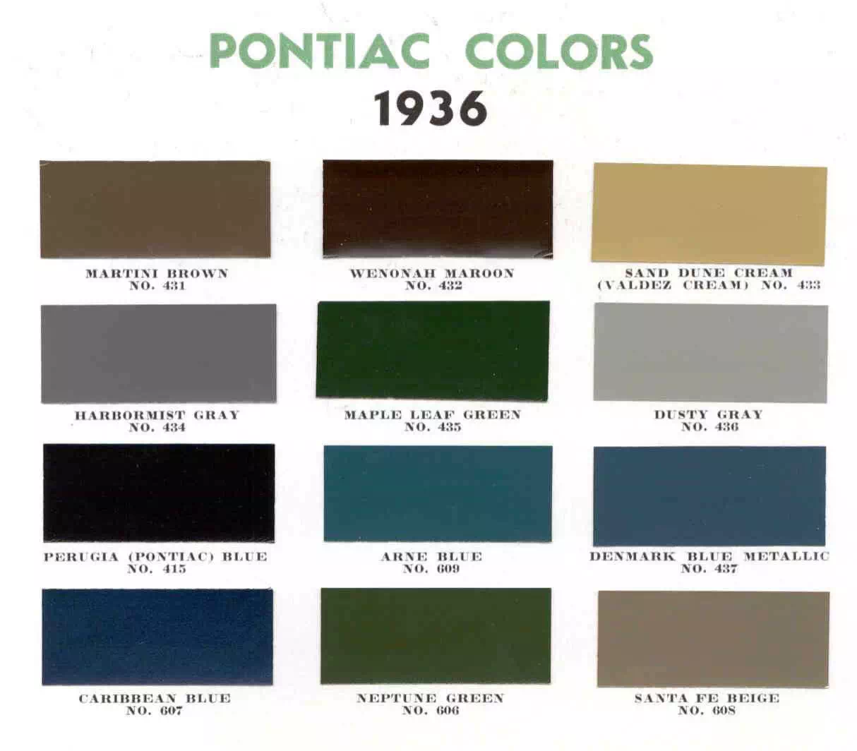 Chart that shows the Colors used on Pontiac Vehicles and the Code to look them up.