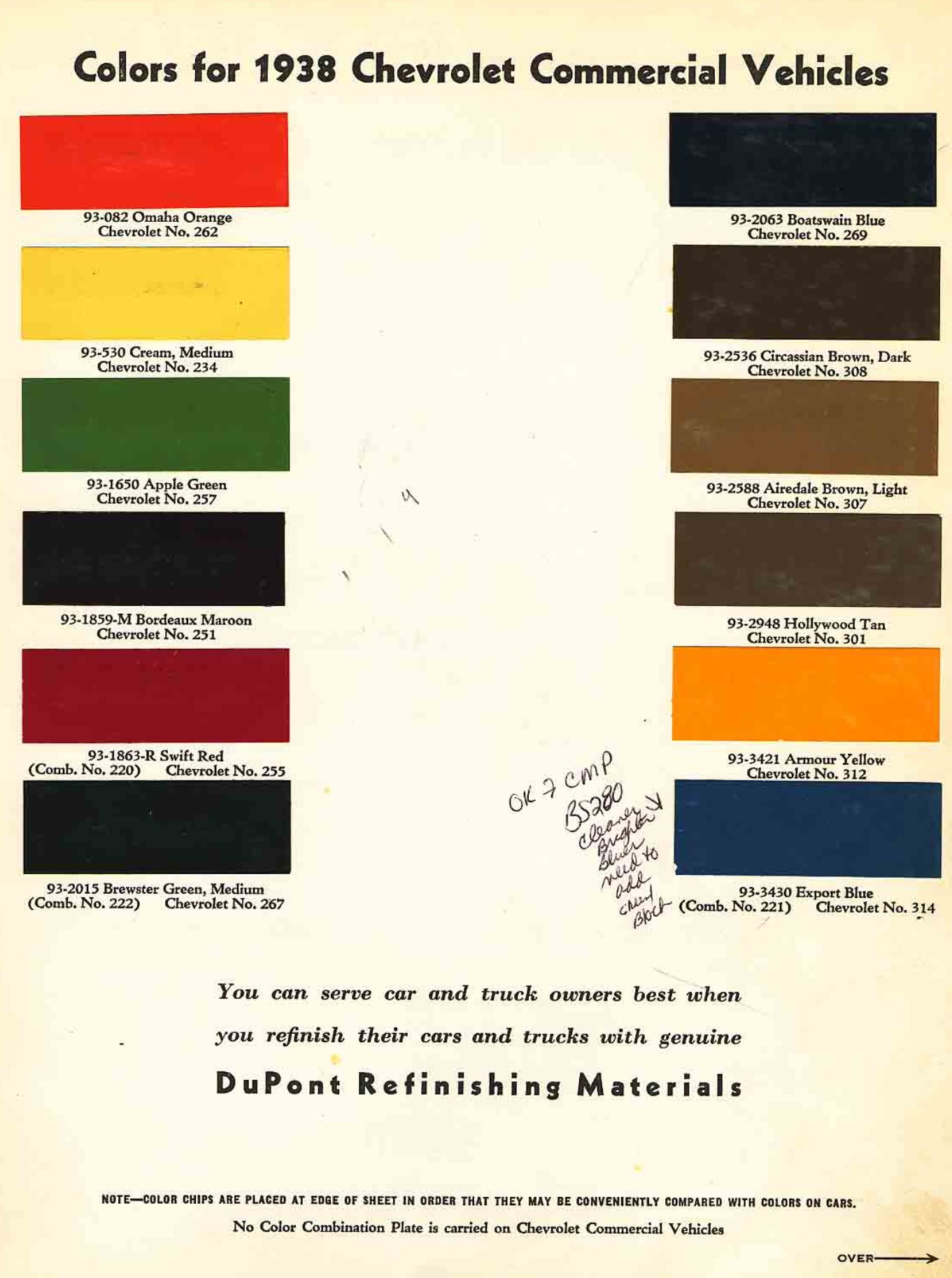 colors and ordering codes for those colors used on 1938 vehicles