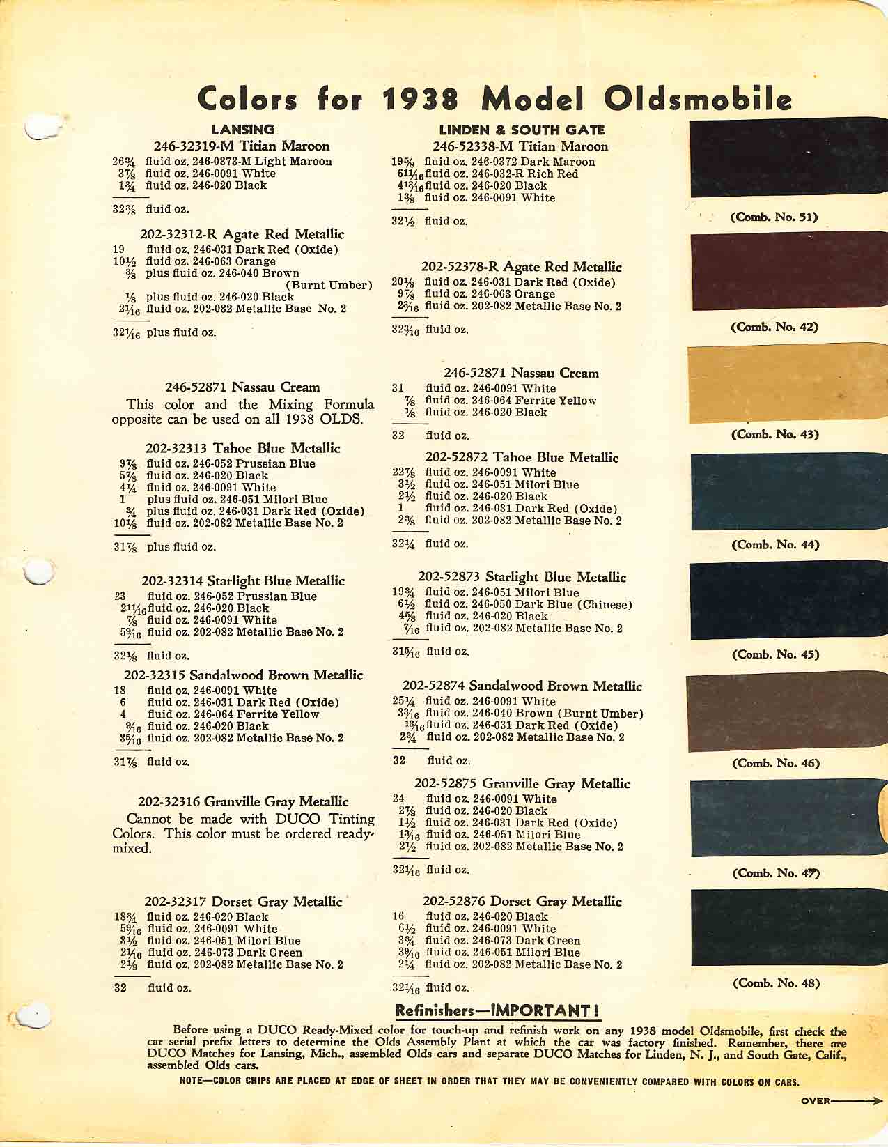 Paint Colors and Paint Codes used on the 1938 Oldsmobile