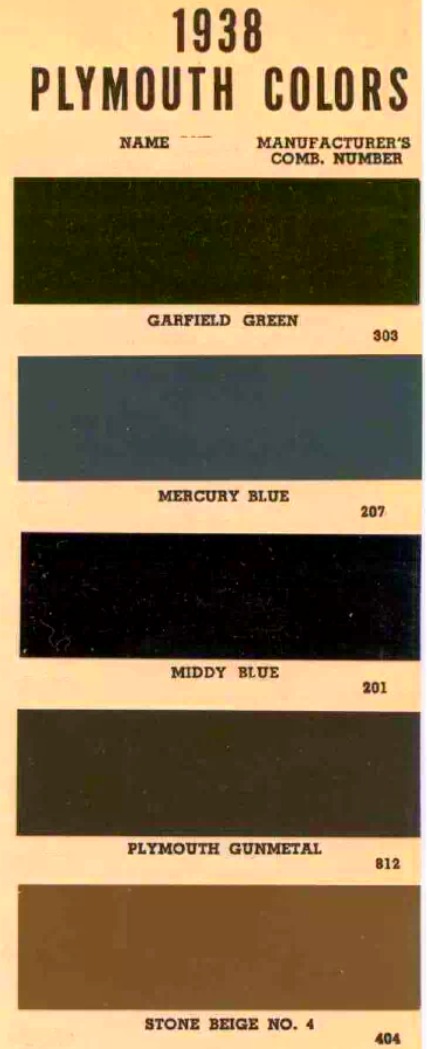 colors and ordering codes for those colors used on 1938 vehicles