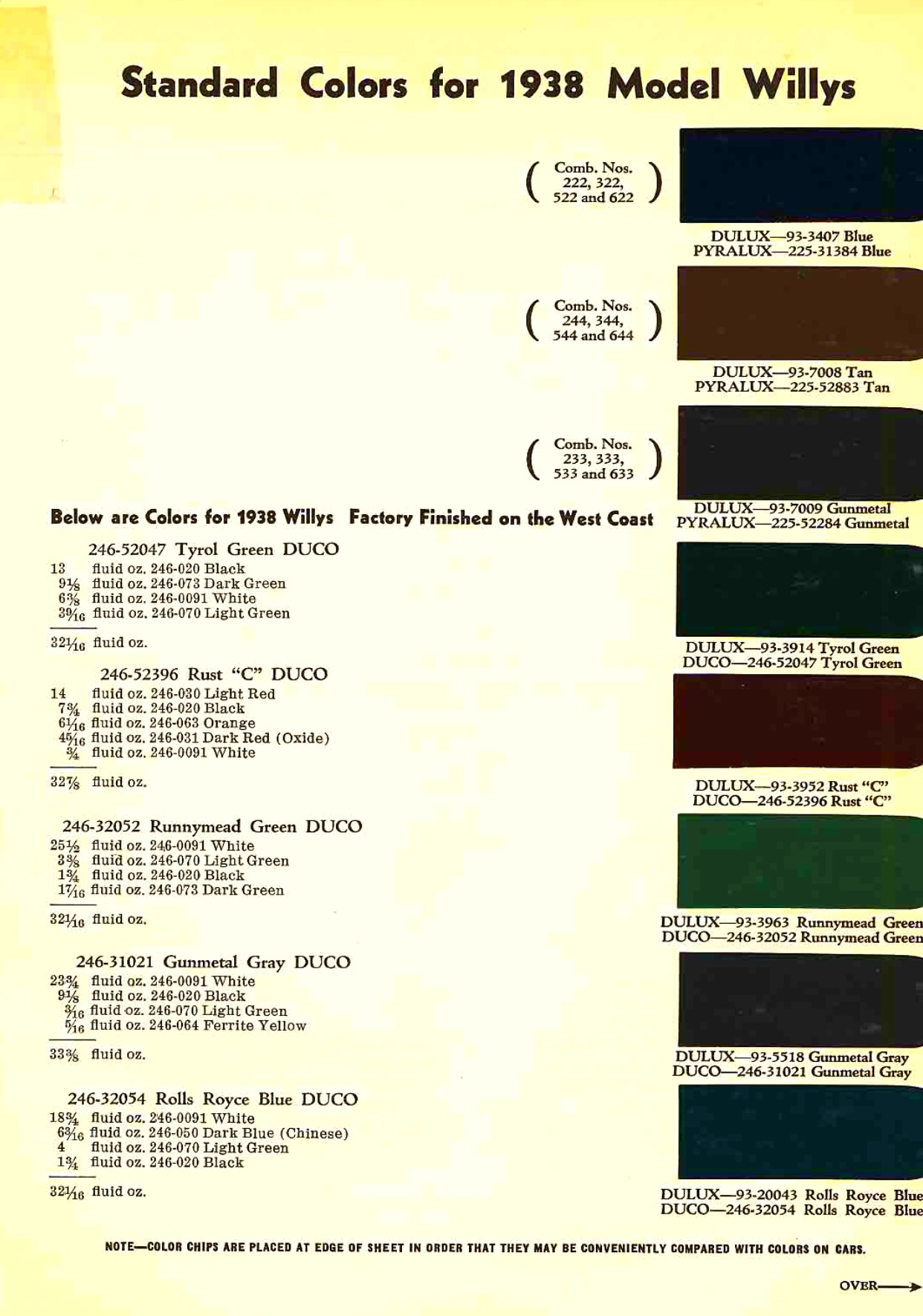 colors and ordering codes for those colors used on 1938 vehicles