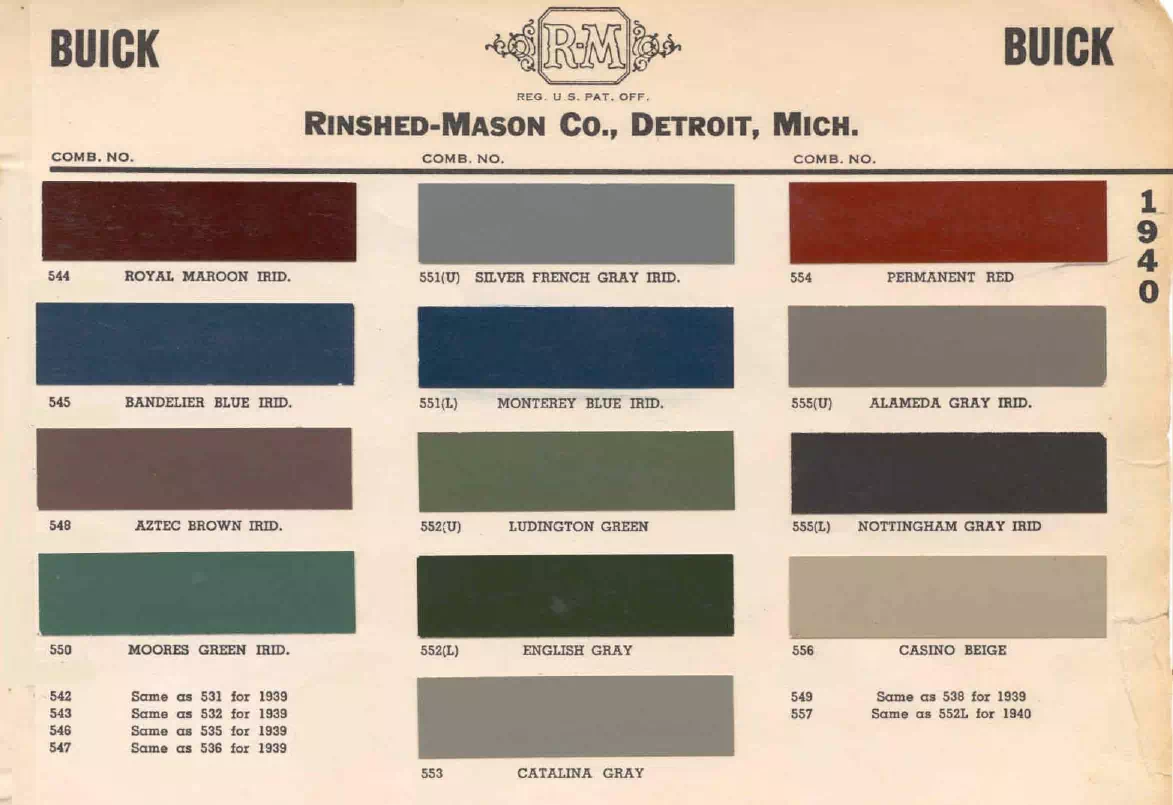 colors and ordering codes for those colors used on 1940 vehicles