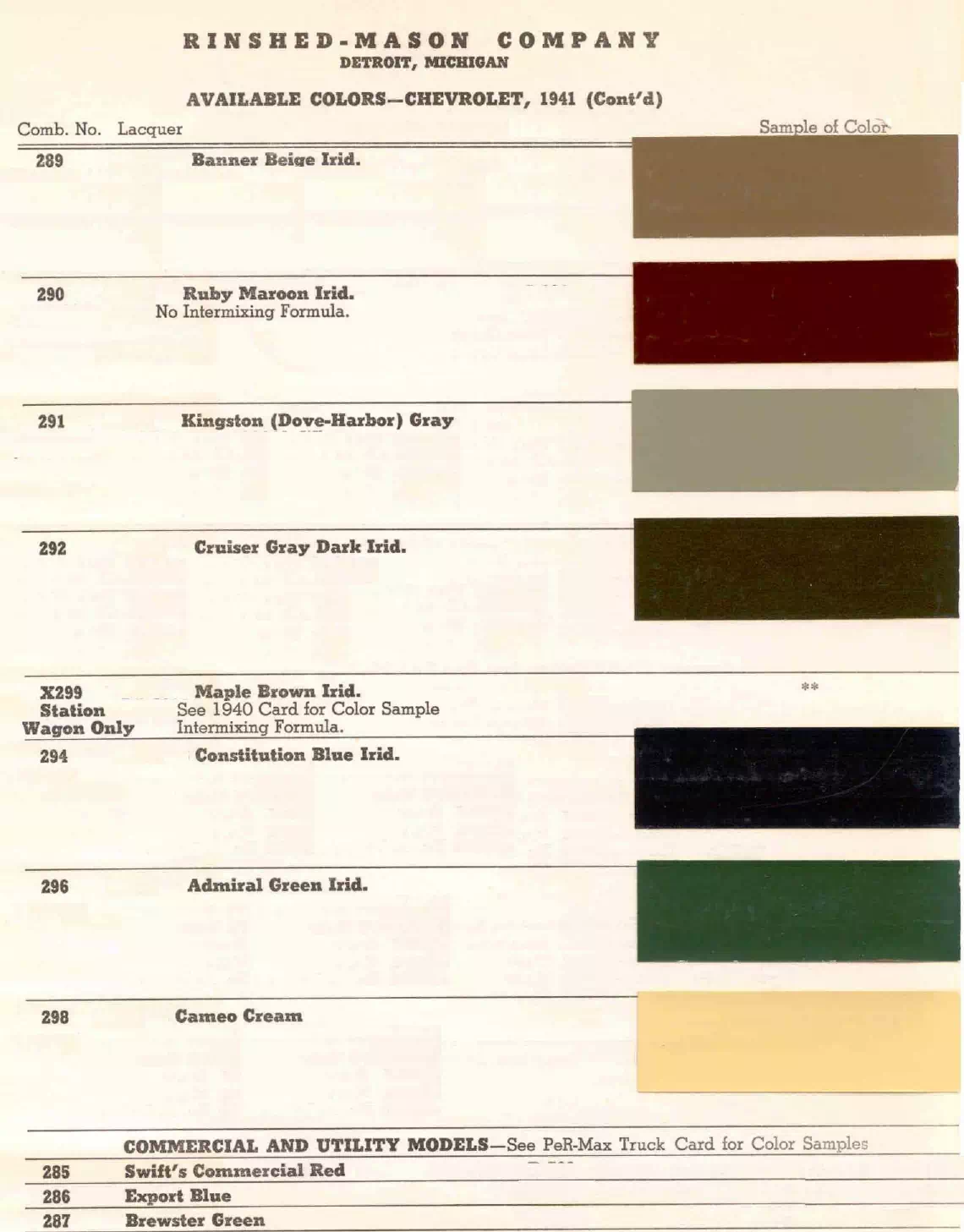 colors and ordering codes for those colors used on 1941 vehicles