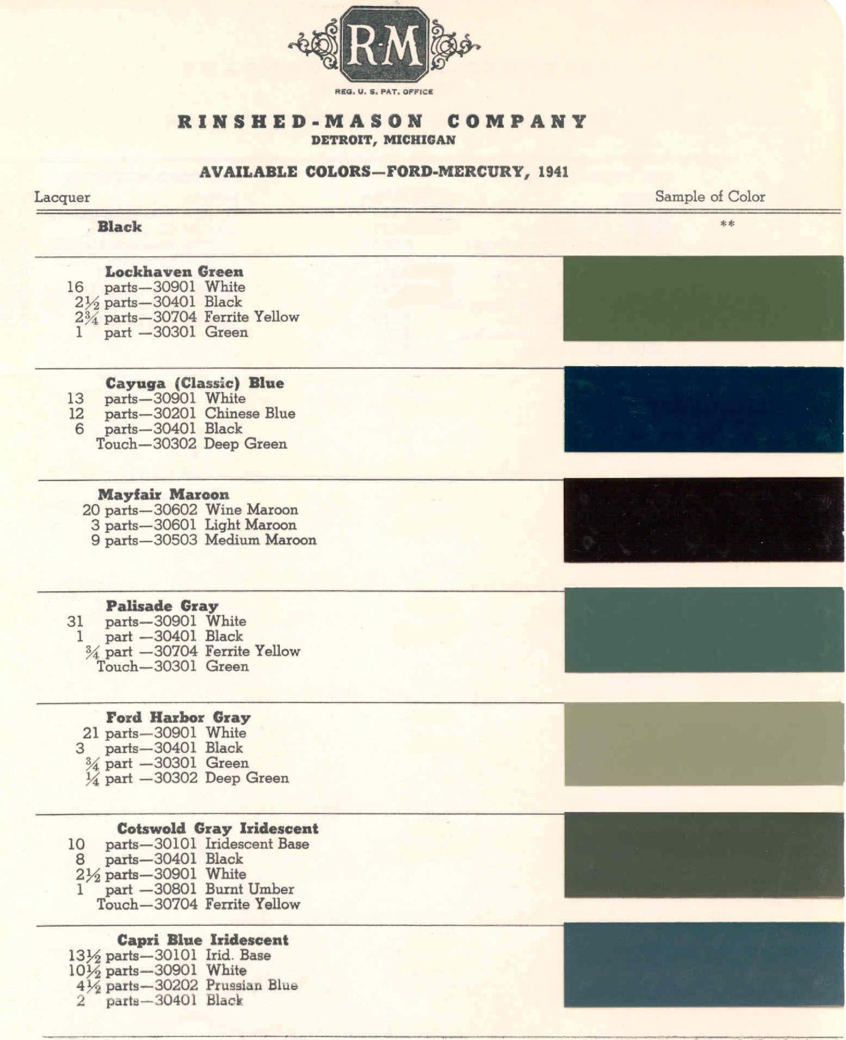 Paint Colors for Mercury Exterior Colors in 1941