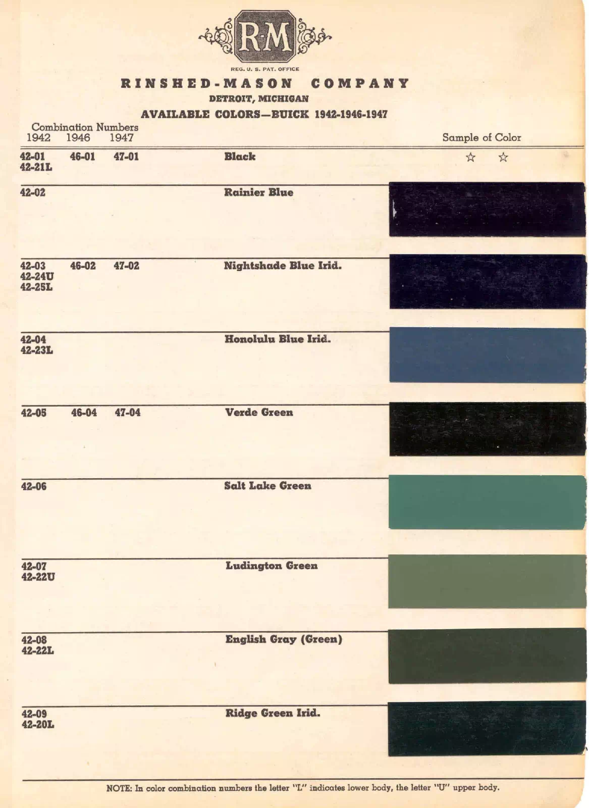 colors and ordering codes for those colors used the vehicles for the years listed