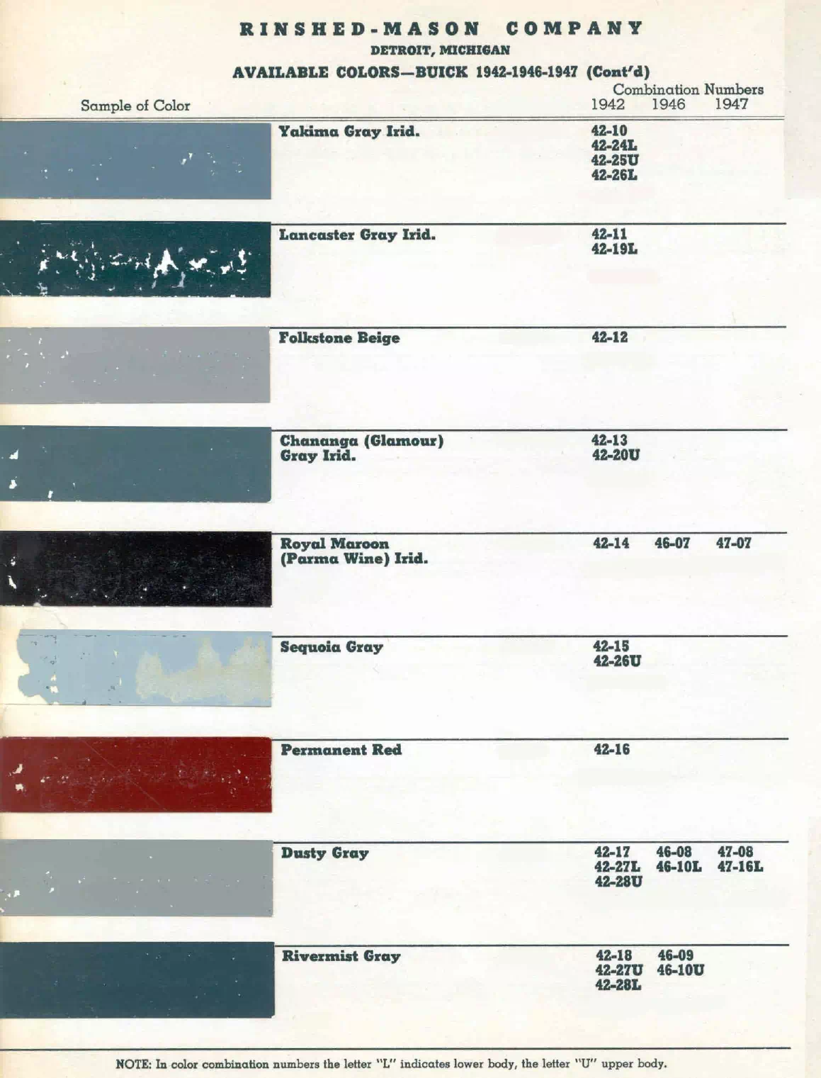 colors and ordering codes for those colors used the vehicles for the years listed