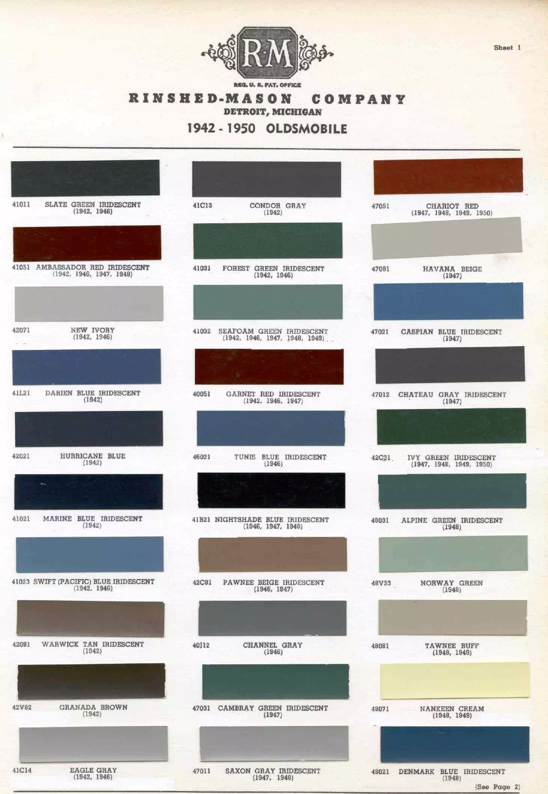 colors and ordering codes for those colors used the vehicles for the years listed