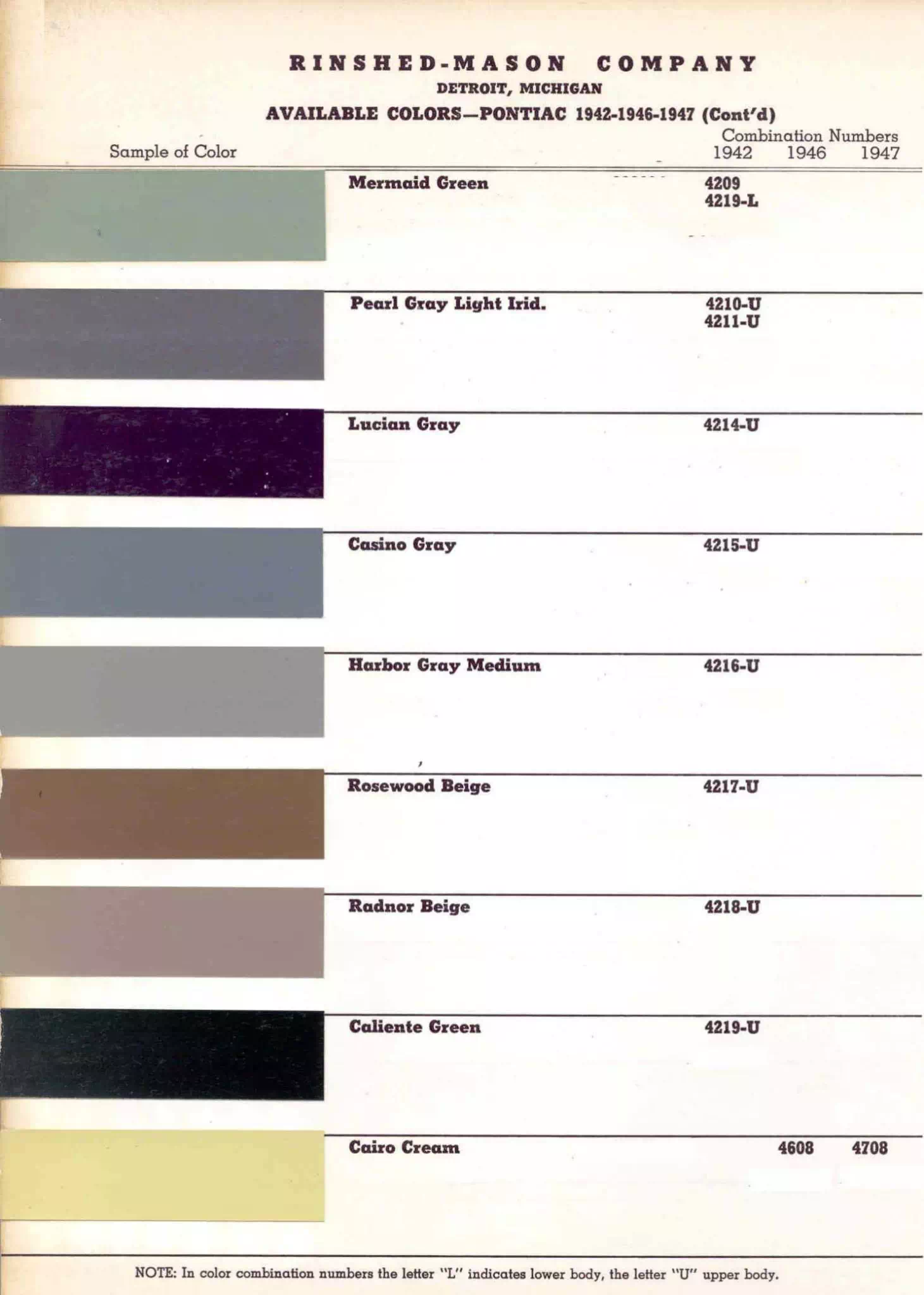 Chart that shows the Colors used on Pontiac Vehicles and the Code to look them up.