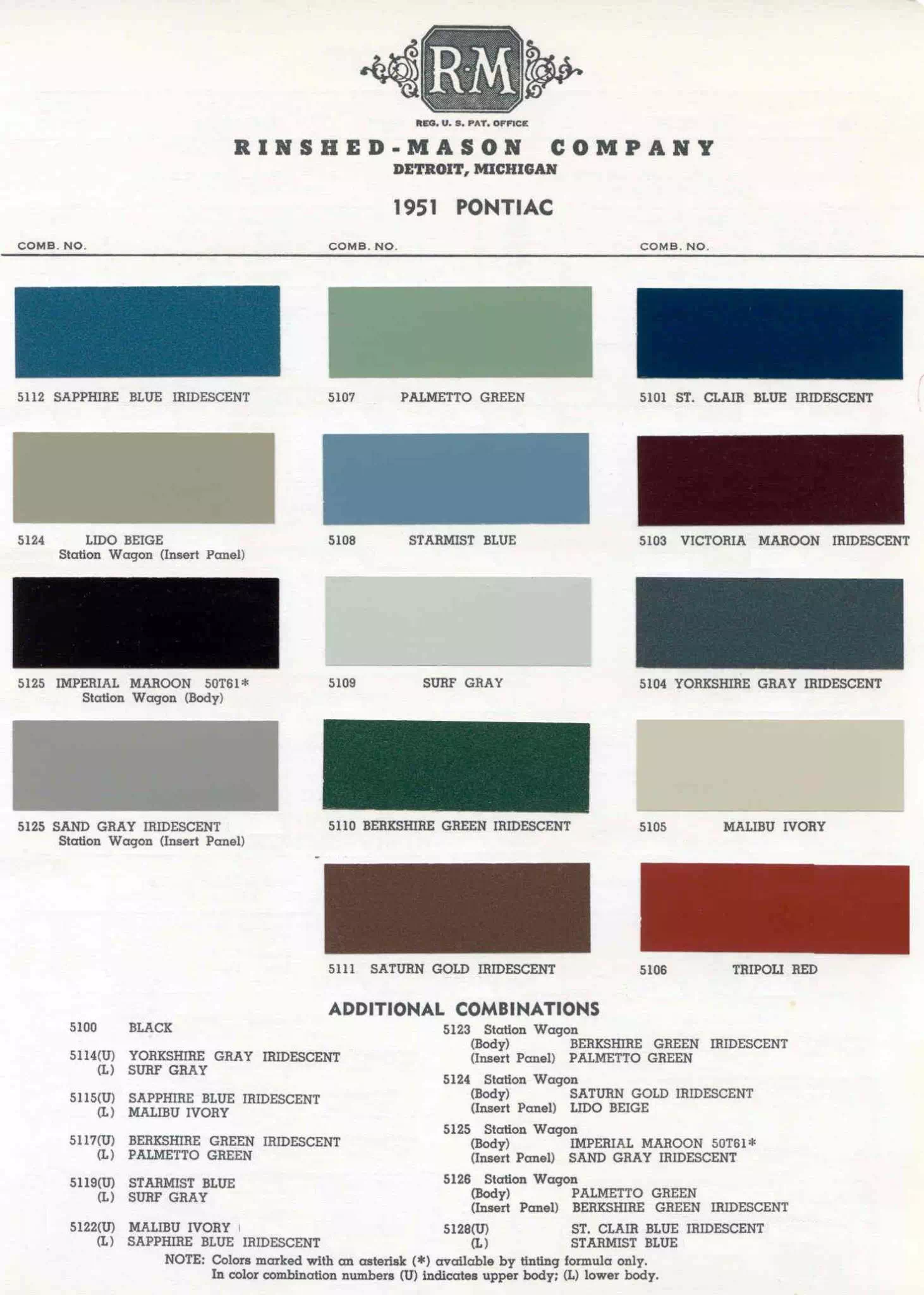 Chart that shows the Colors used on Pontiac Vehicles and the Code to look them up.