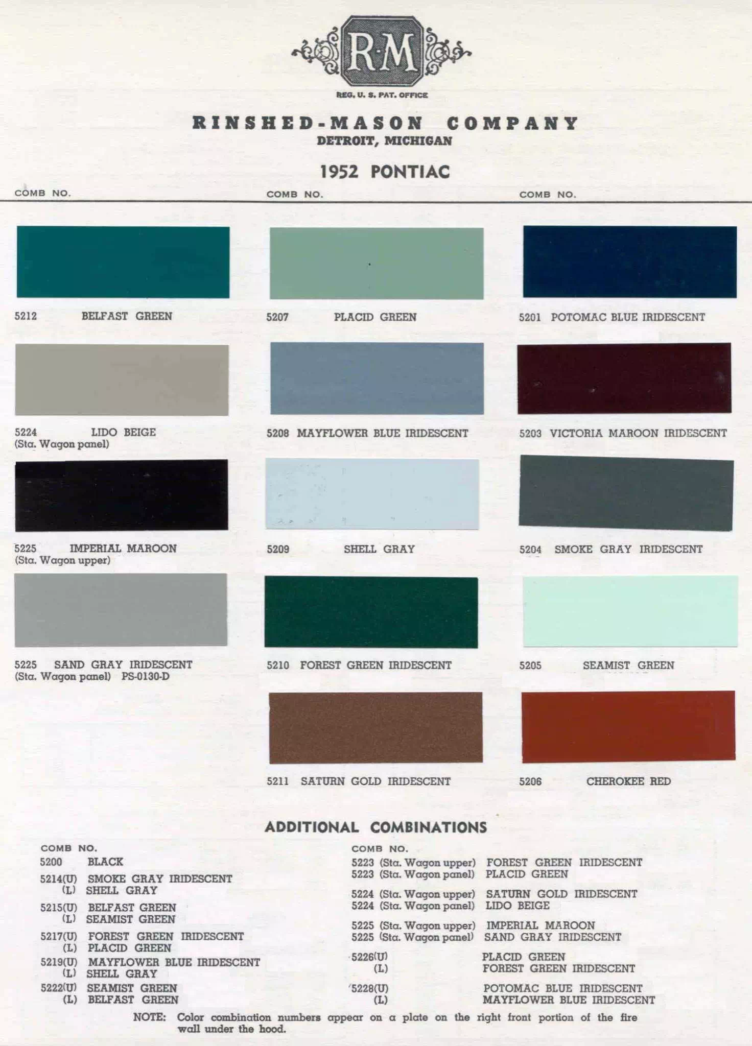 Chart that shows the Colors used on Pontiac Vehicles and the Code to look them up.