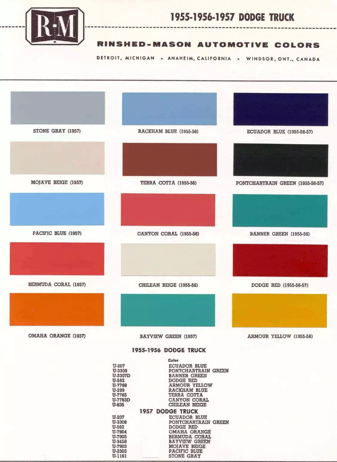 Paint color examples, their ordering codes, the oem color code, and vehicles the color was used on