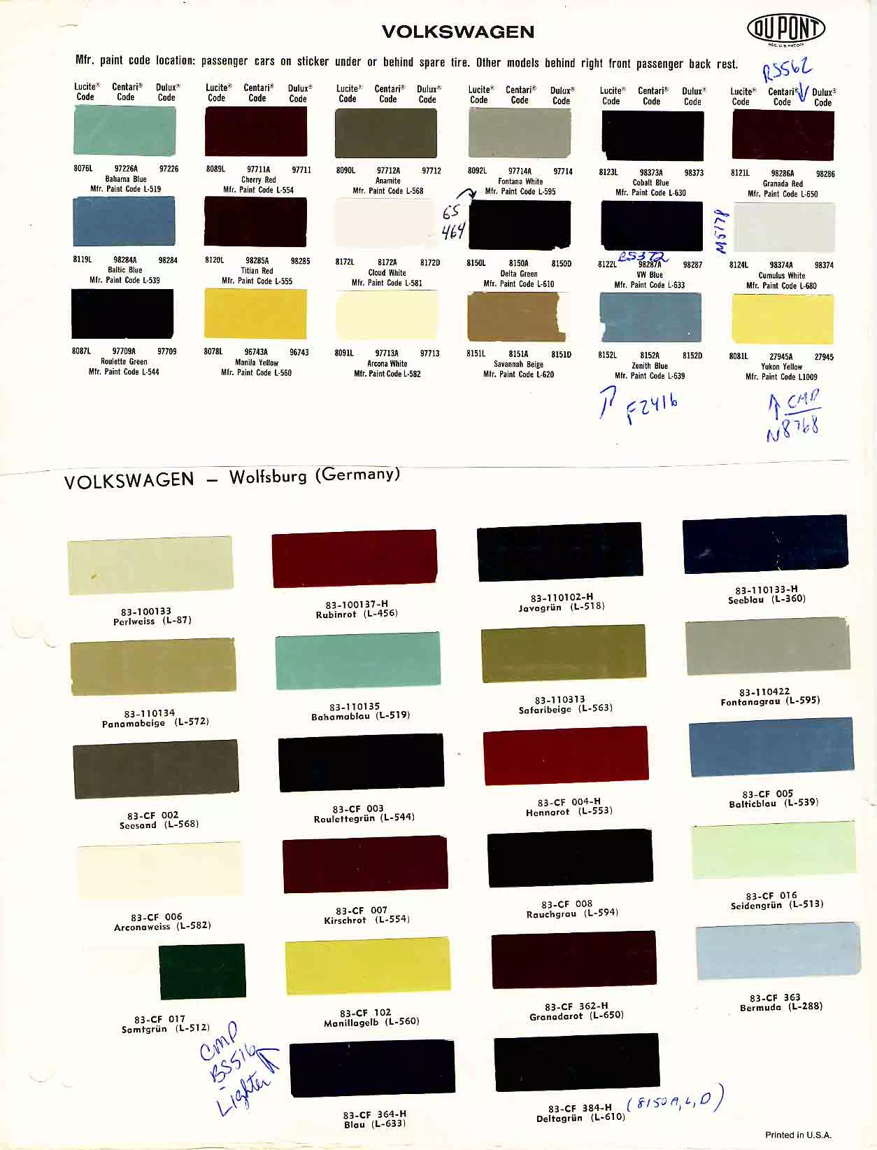 Paint color examples, their ordering codes, the oem color code, and vehicles the color was used on