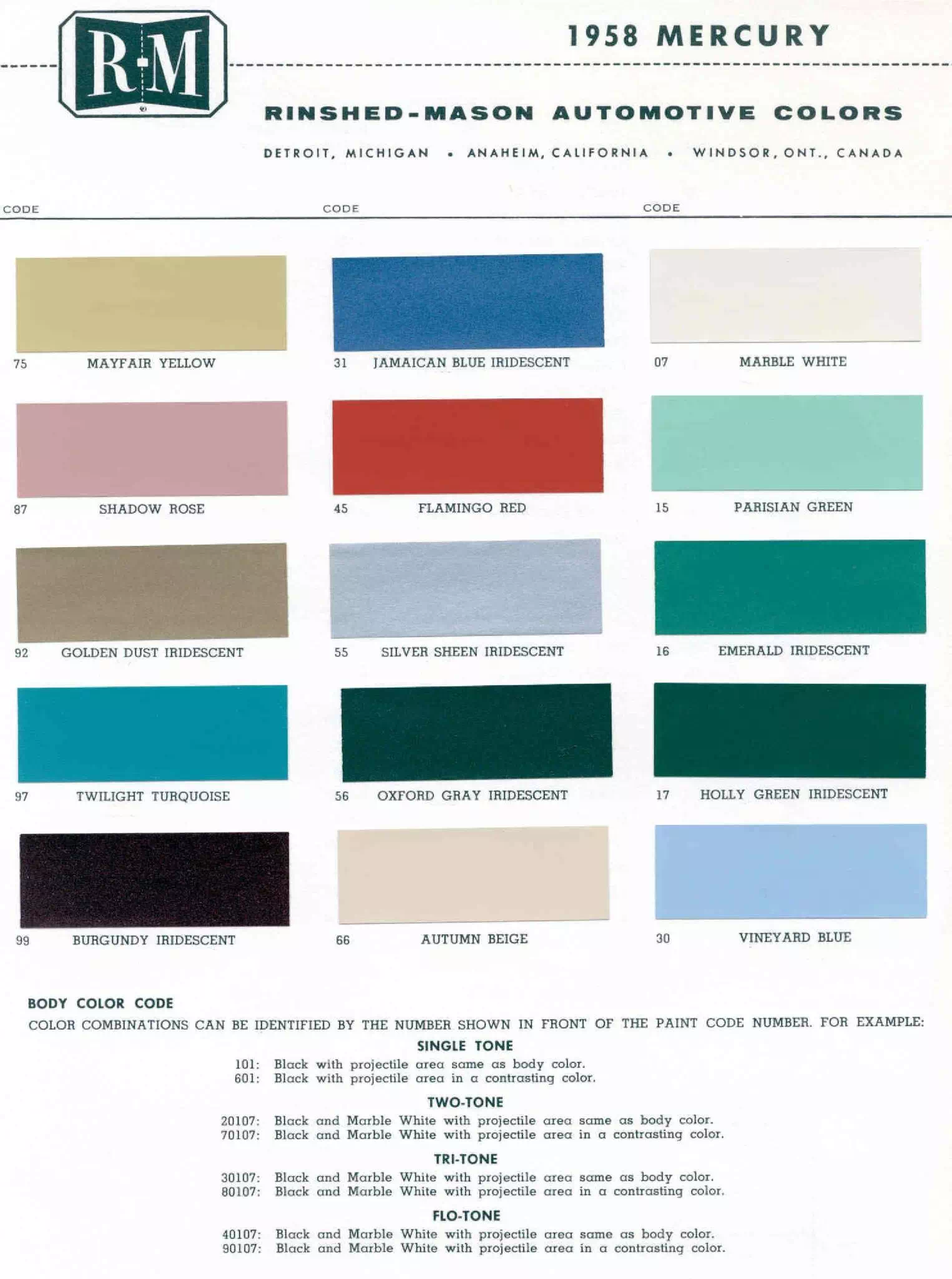 Color examaples and the codes to look them up to get touch up paint or respray for Mercury Vehicles