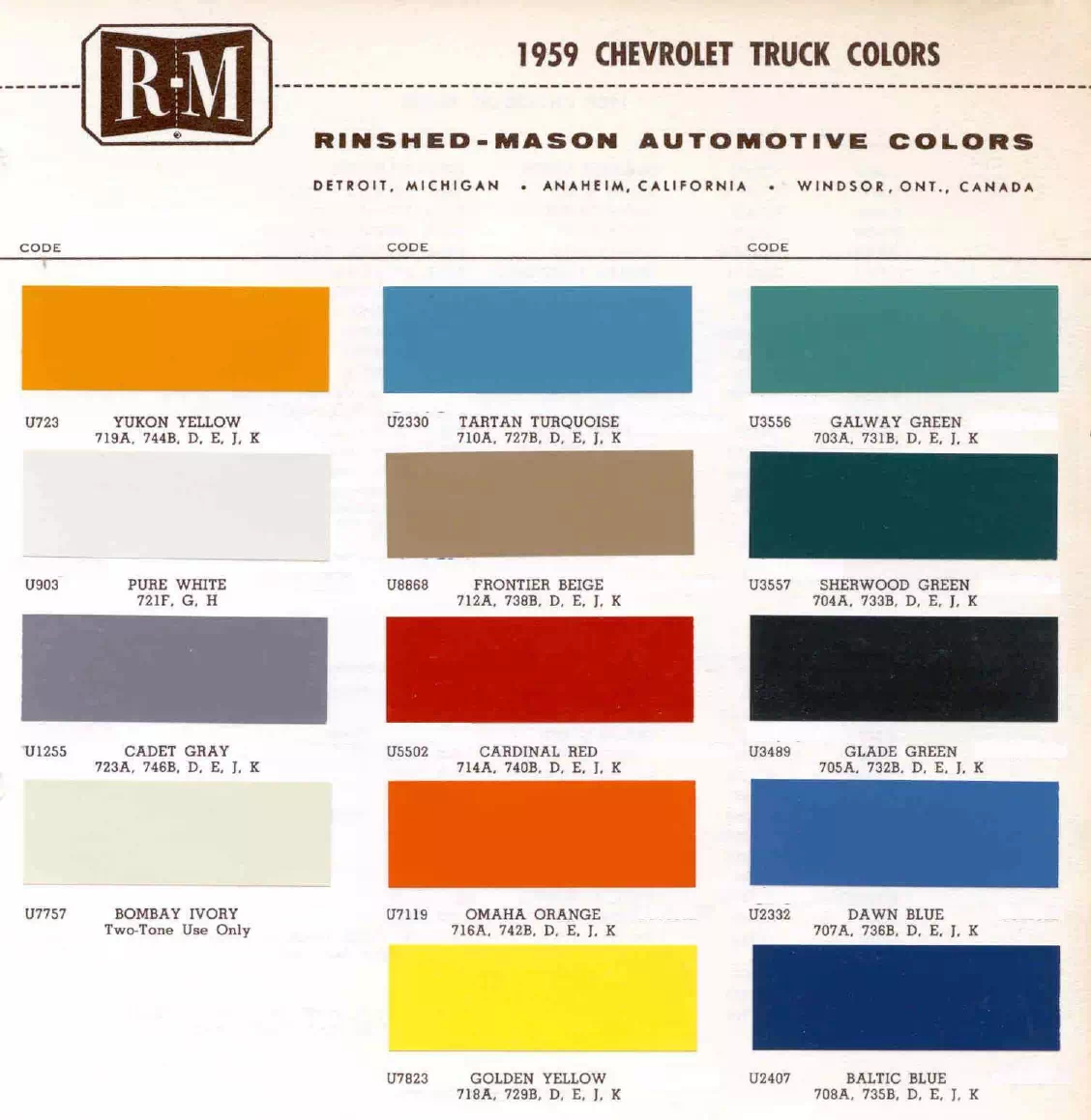 Paint color examples, their ordering codes, the oem color code, and vehicles the color was used on