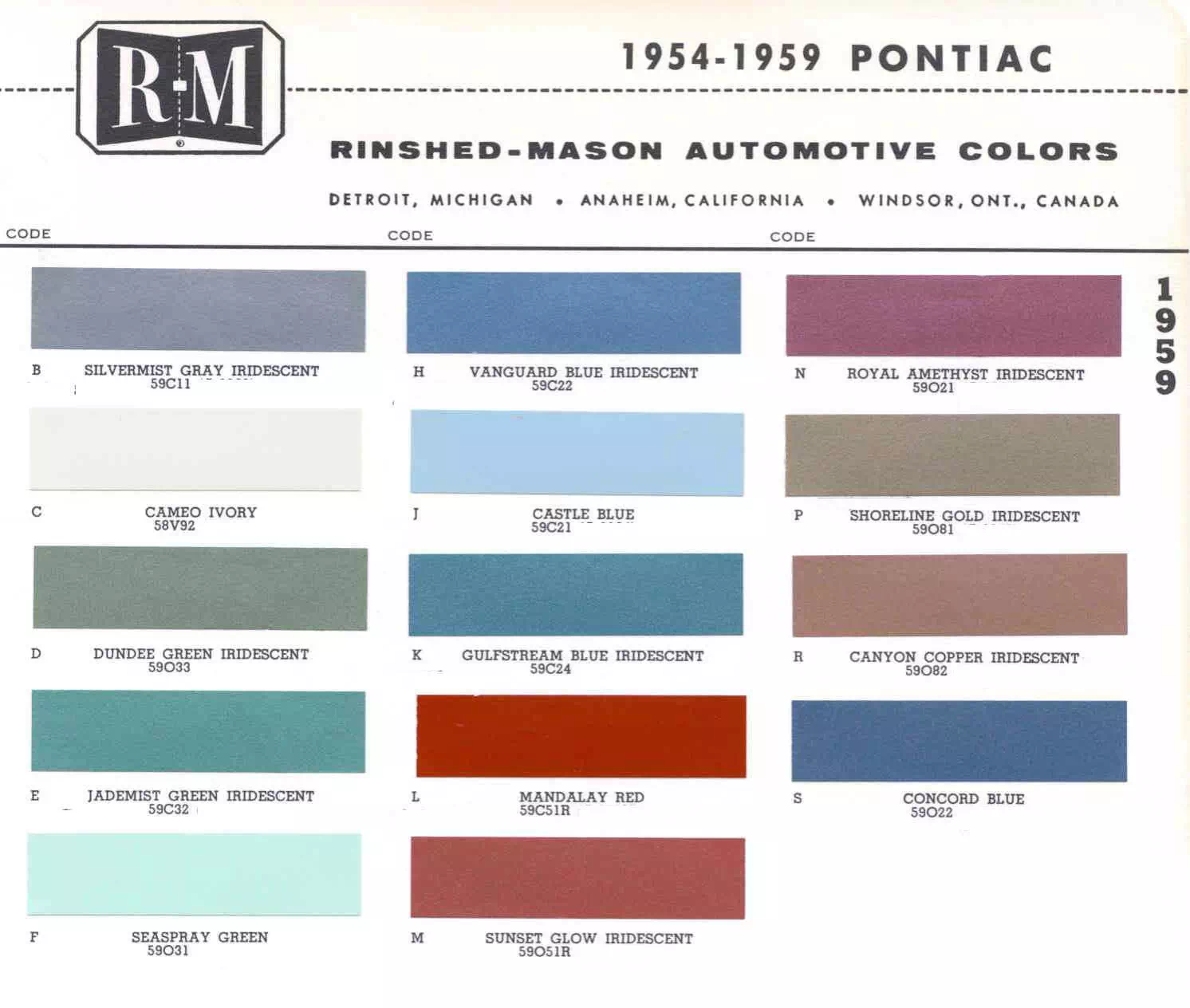 Chart that shows the Colors used on Pontiac Vehicles and the Code to look them up.