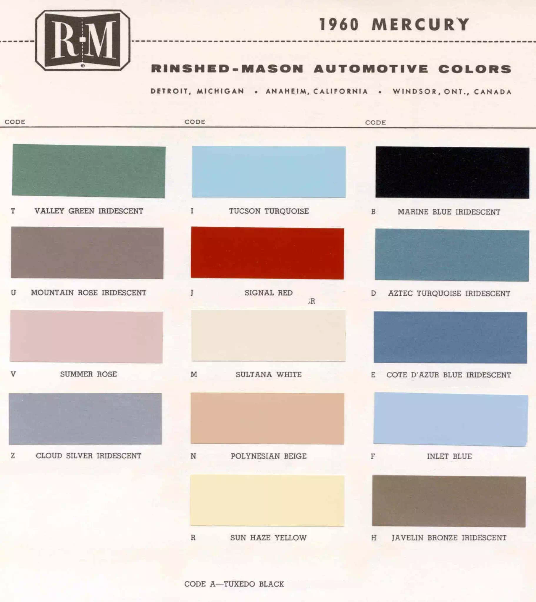 Color examaples and the codes to look them up to get touch up paint or respray for Mercury Vehicles