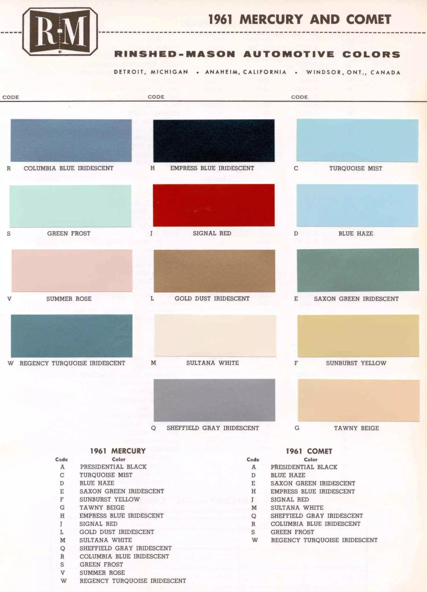 Color examaples and the codes to look them up to get touch up paint or respray for Mercury Vehicles