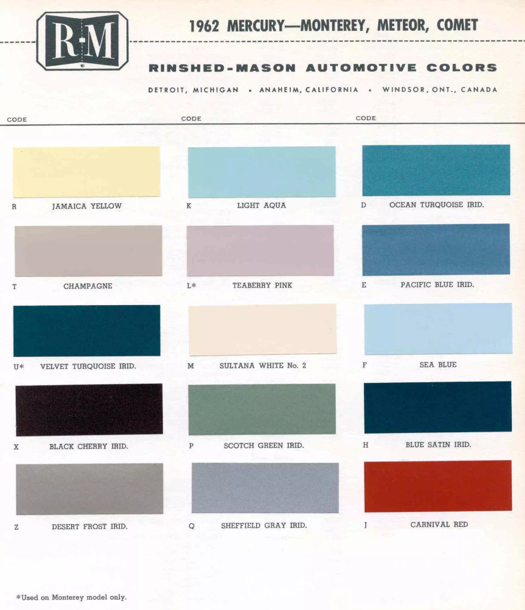 Color examaples and the codes to look them up to get touch up paint or respray for Mercury Vehicles