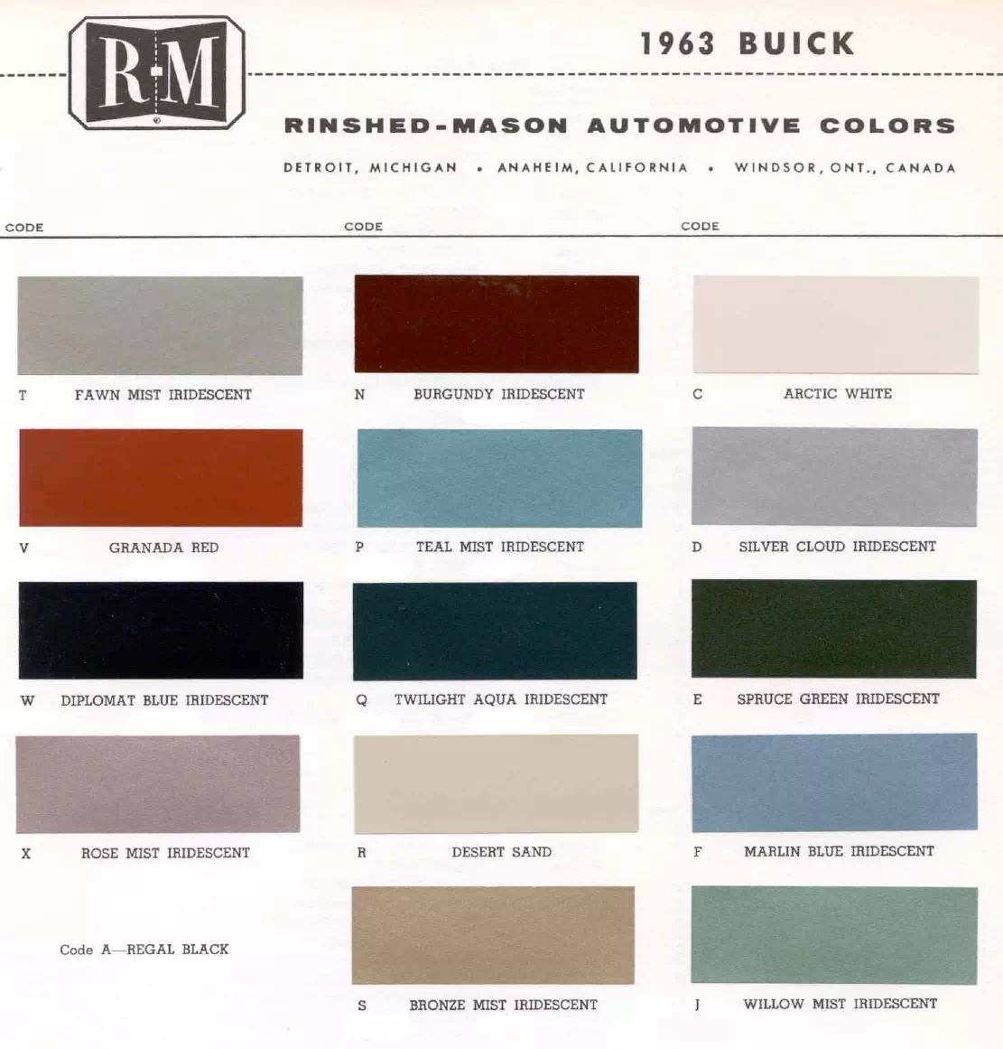 Paint color examples, their ordering codes, the oem color code, and vehicles the color was used on