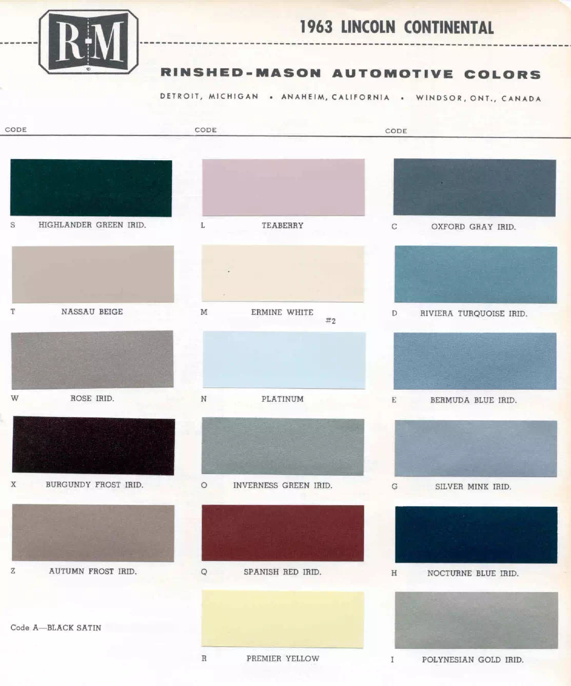 Paint color examples, their ordering codes, the oem color code, and vehicles the color was used on