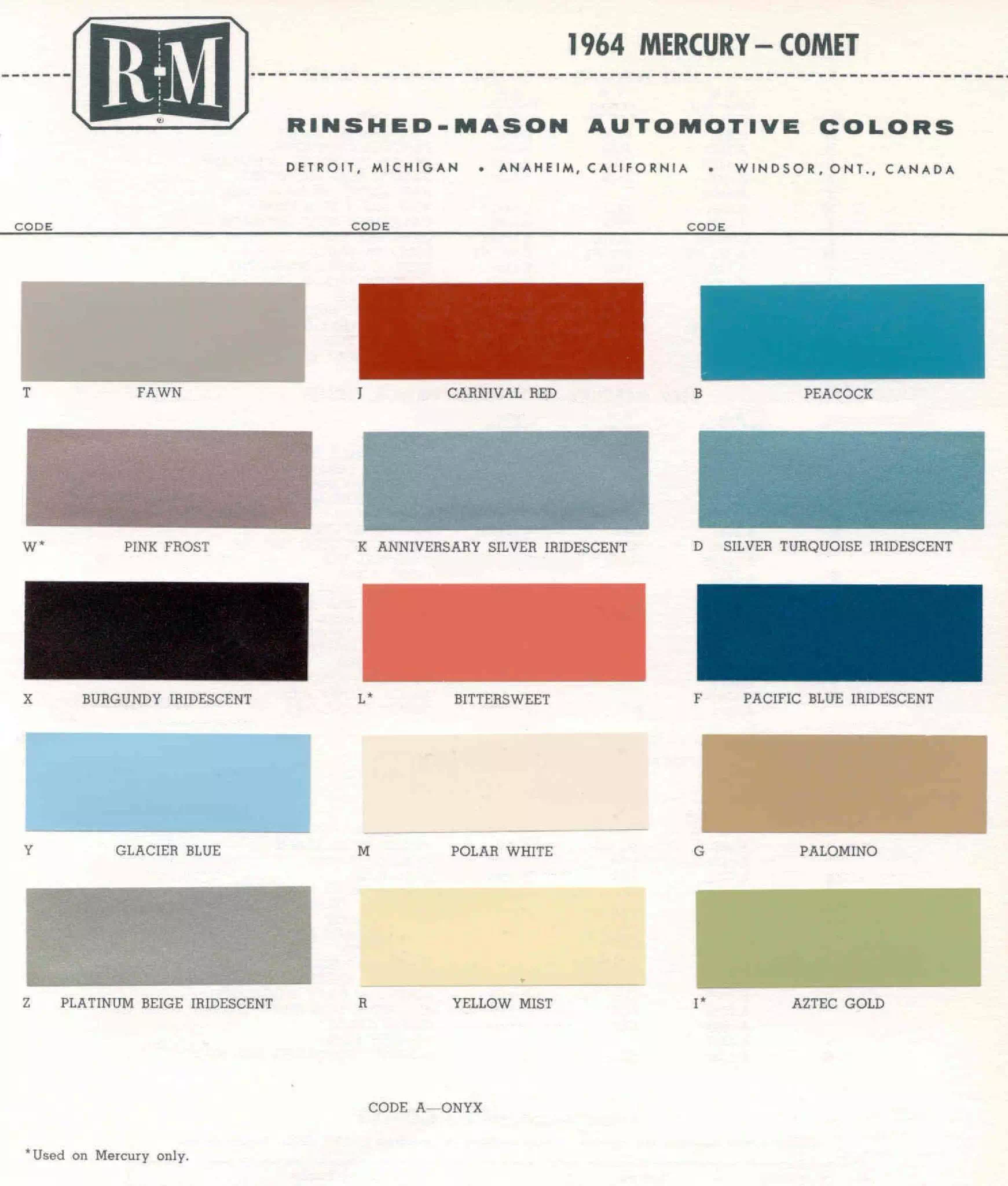 Color examaples and the codes to look them up to get touch up paint or respray for Mercury Vehicles