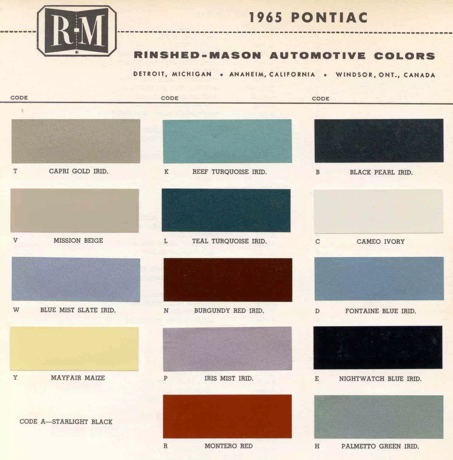 Chart that shows the Colors used on Pontiac Vehicles and the Code to look them up.