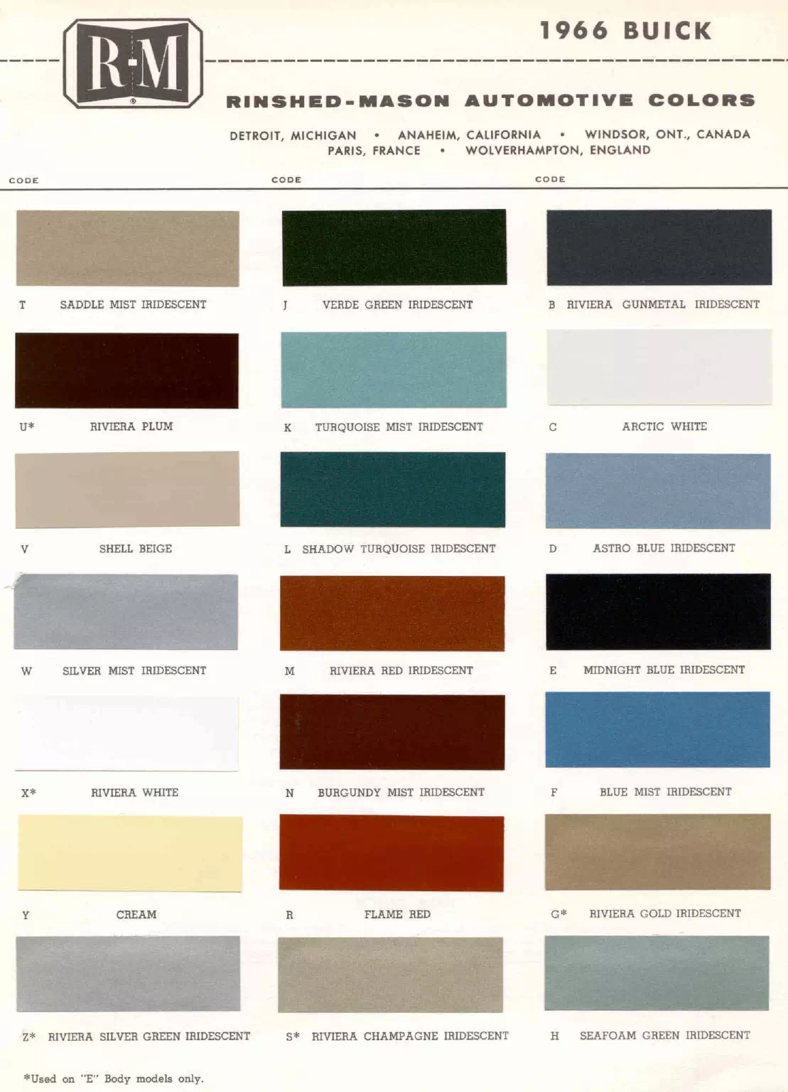 Paint color examples, their ordering codes, the oem color code, and vehicles the color was used on