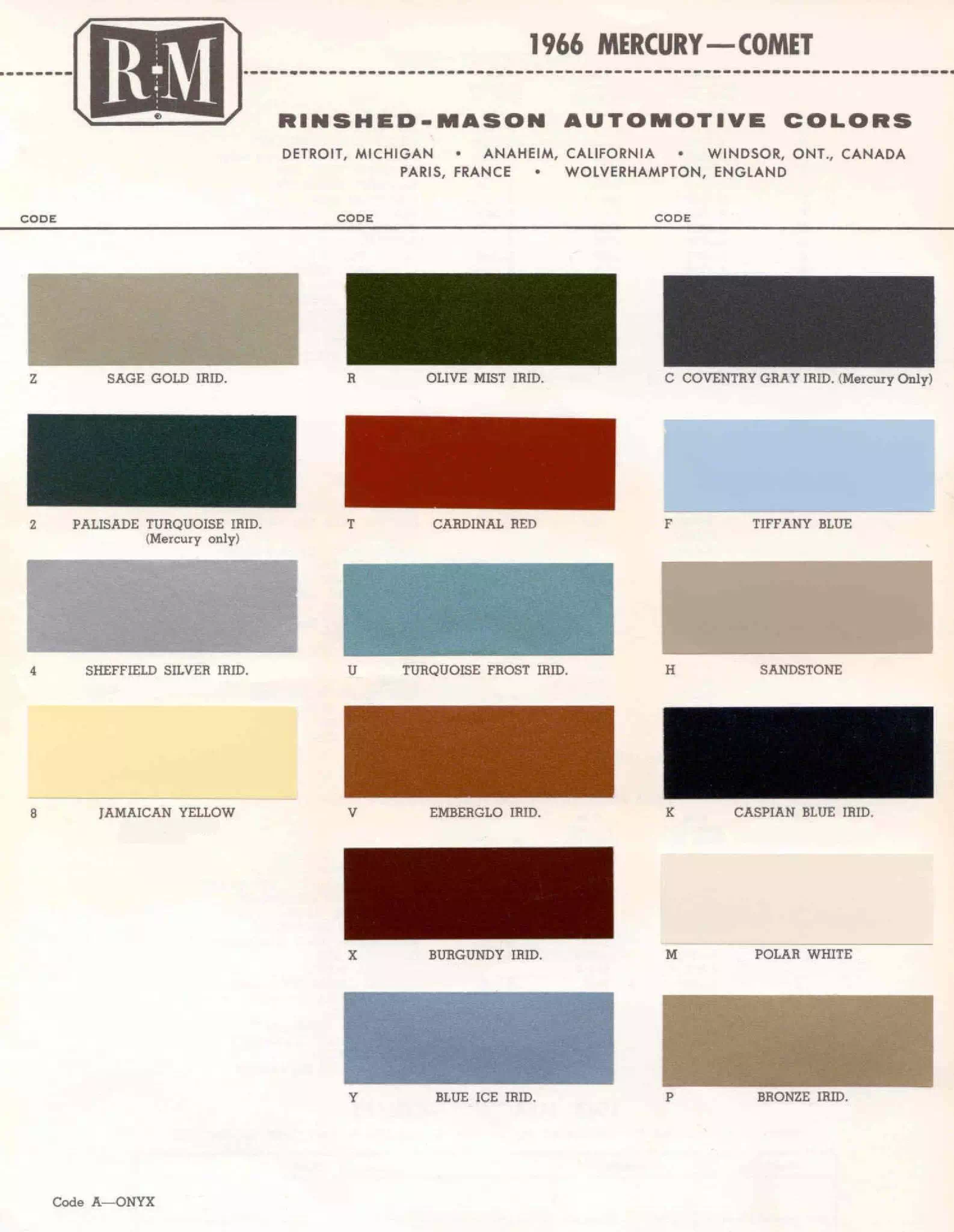 Color examaples and the codes to look them up to get touch up paint or respray for Mercury Vehicles