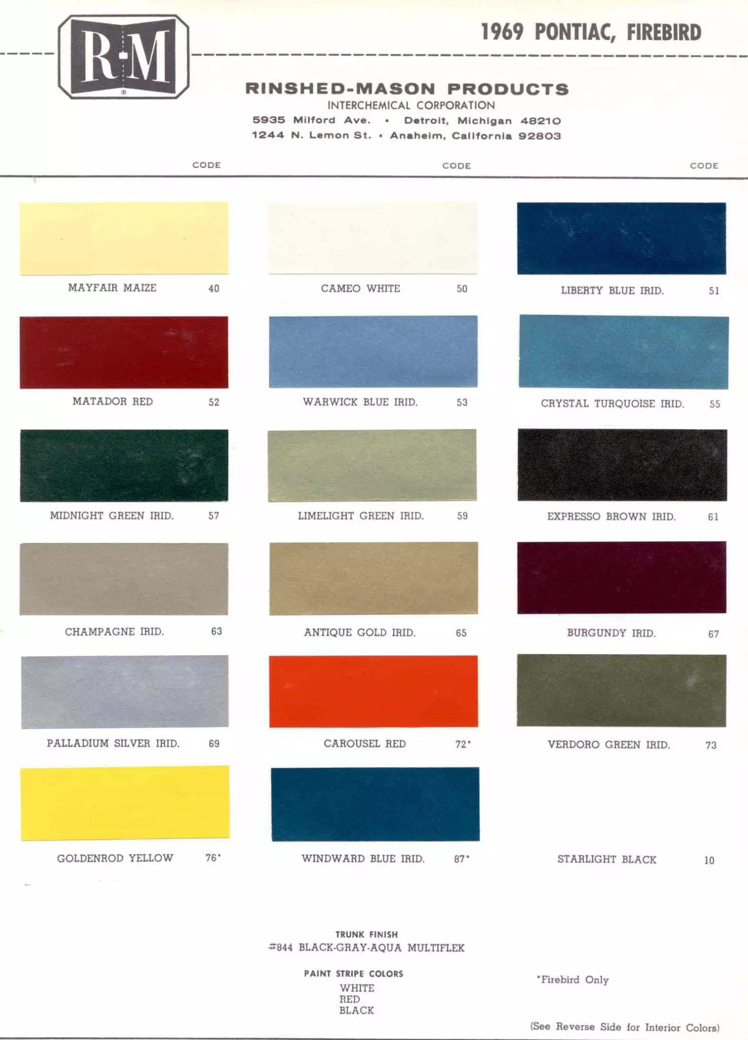 Chart that shows the Colors used on Pontiac Vehicles and the Code to look them up.