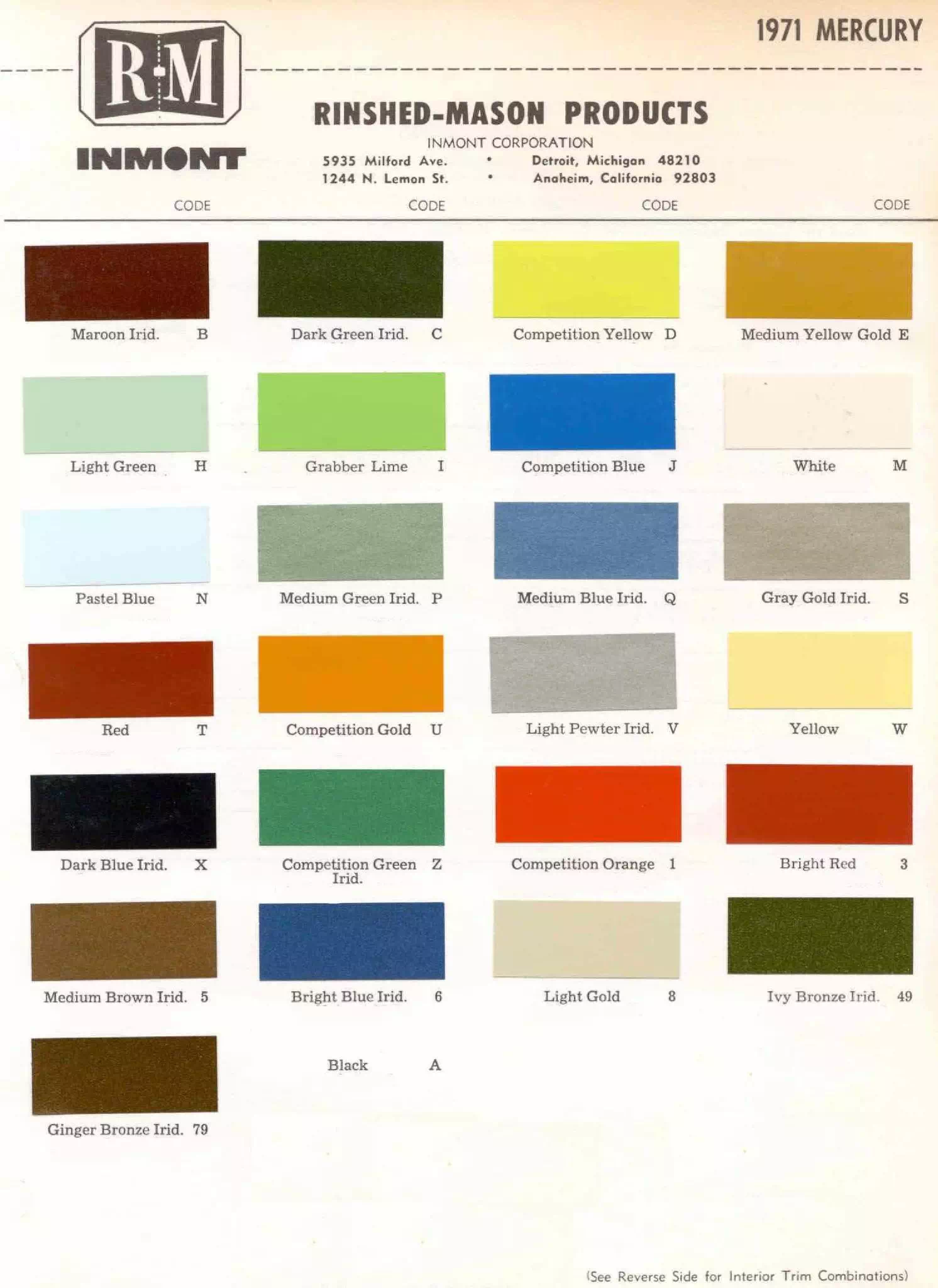 Color examaples and the codes to look them up to get touch up paint or respray for Mercury Vehicles