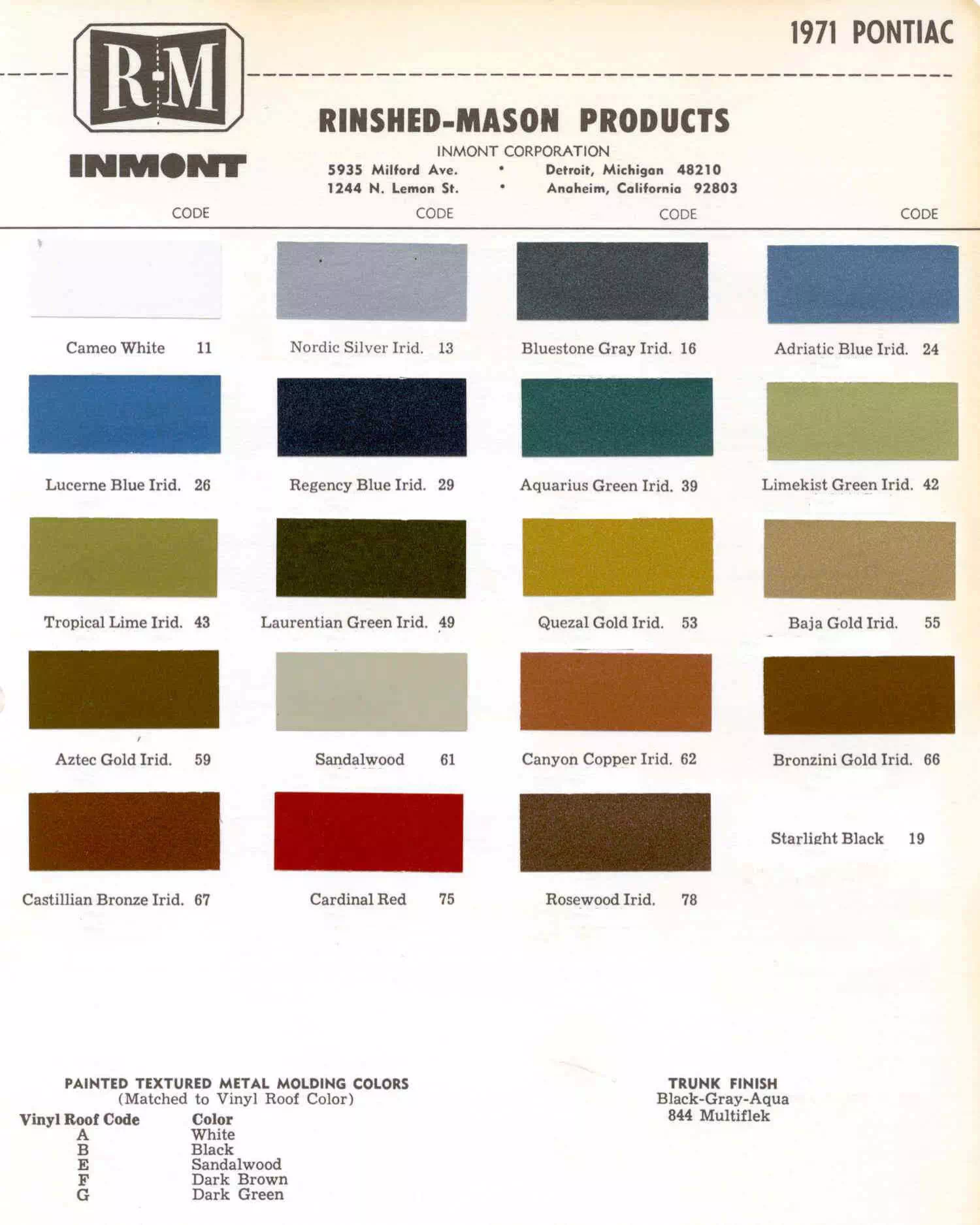 Chart that shows the Colors used on Pontiac Vehicles and the Code to look them up.